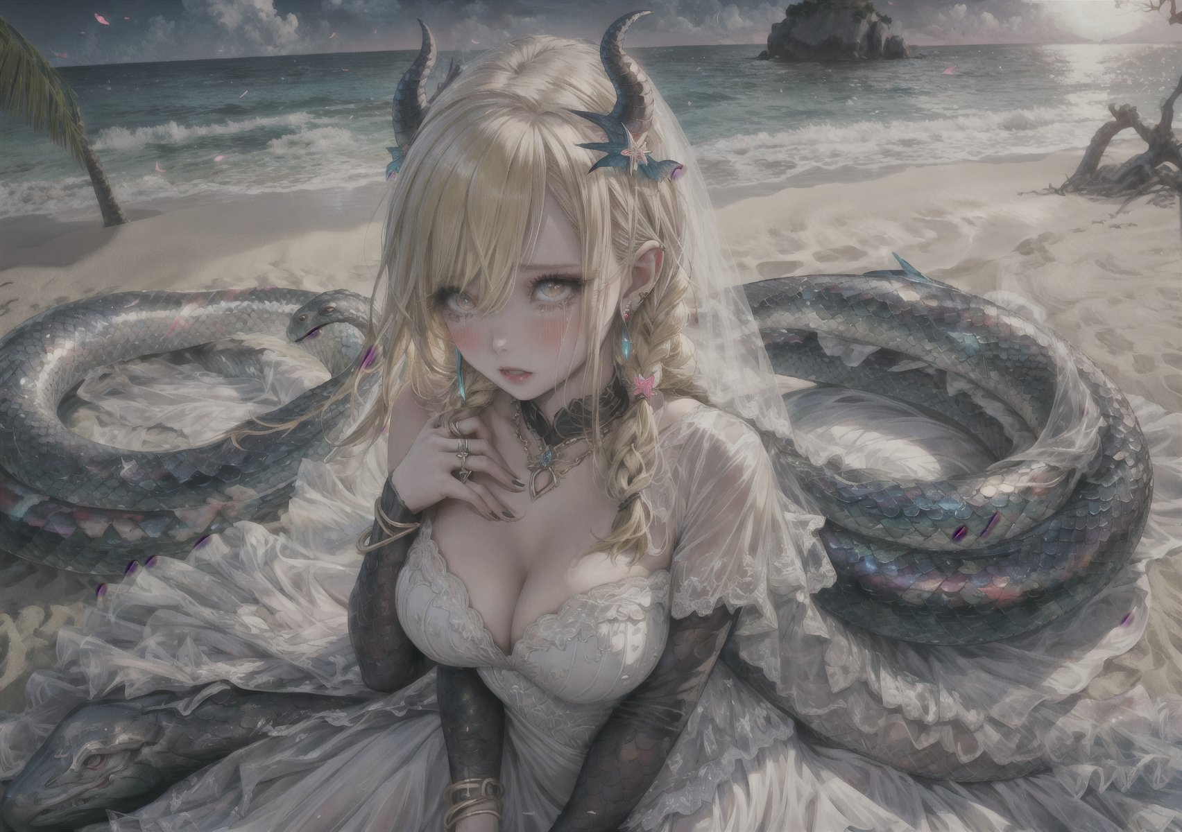 a girl, blonde hair, long hair, snake braid and reverse braids, voluptuous, big breasts, demon eyes, vermilion eyes, eyeliner, blush, crimson lips, mermaid ears, earrings, charms, rings, bracelets, cold silk dress, white dress, wedding dress, sitting, sitting on the sand, noble, night, crying, high heels