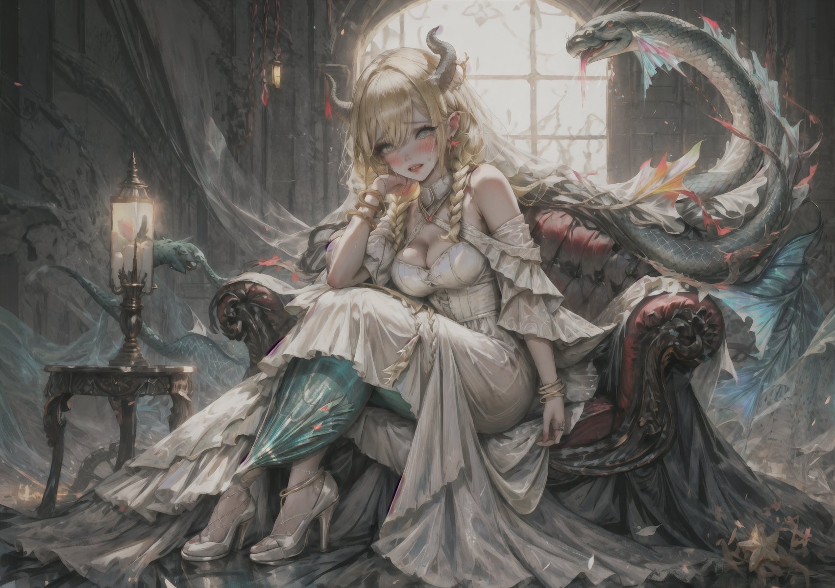 a girl, blonde hair, long hair, snake braid and reverse braids, voluptuous, big breasts, demon eyes, vermilion eyes, eyeliner, blush, crimson lips, mermaid ears, earrings, charms, rings, bracelets, cold silk dress, white dress, wedding dress, sitting, sitting on the sand, noble, night, crying, high heels