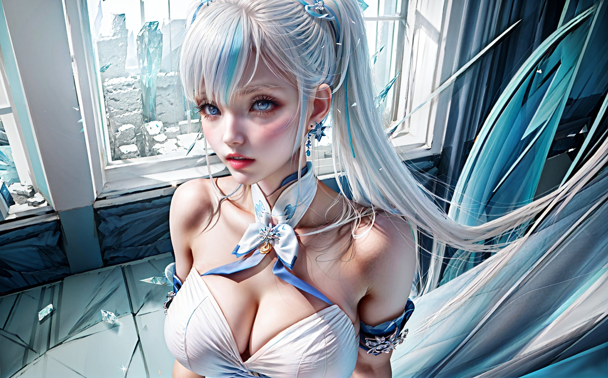 1 voluptuous woman, alone, very long hair, blue elbow bracelets, fabric bracelets, bare shoulders, white neckline, cropped clothing, belts, white multi-color hair, short light blue streaks, blue bow, 1 low ponytail, pigtails right-facing twin girls, traditional Chinese hairstyle, multicolored dress, blue-white porcelain dress, light blue eyes, ice, alone, looking at viewer, icy air, white thighs, strapless dress, very long hair, ice ornaments on her hair, ice details, walking, crystal cave, big breasts