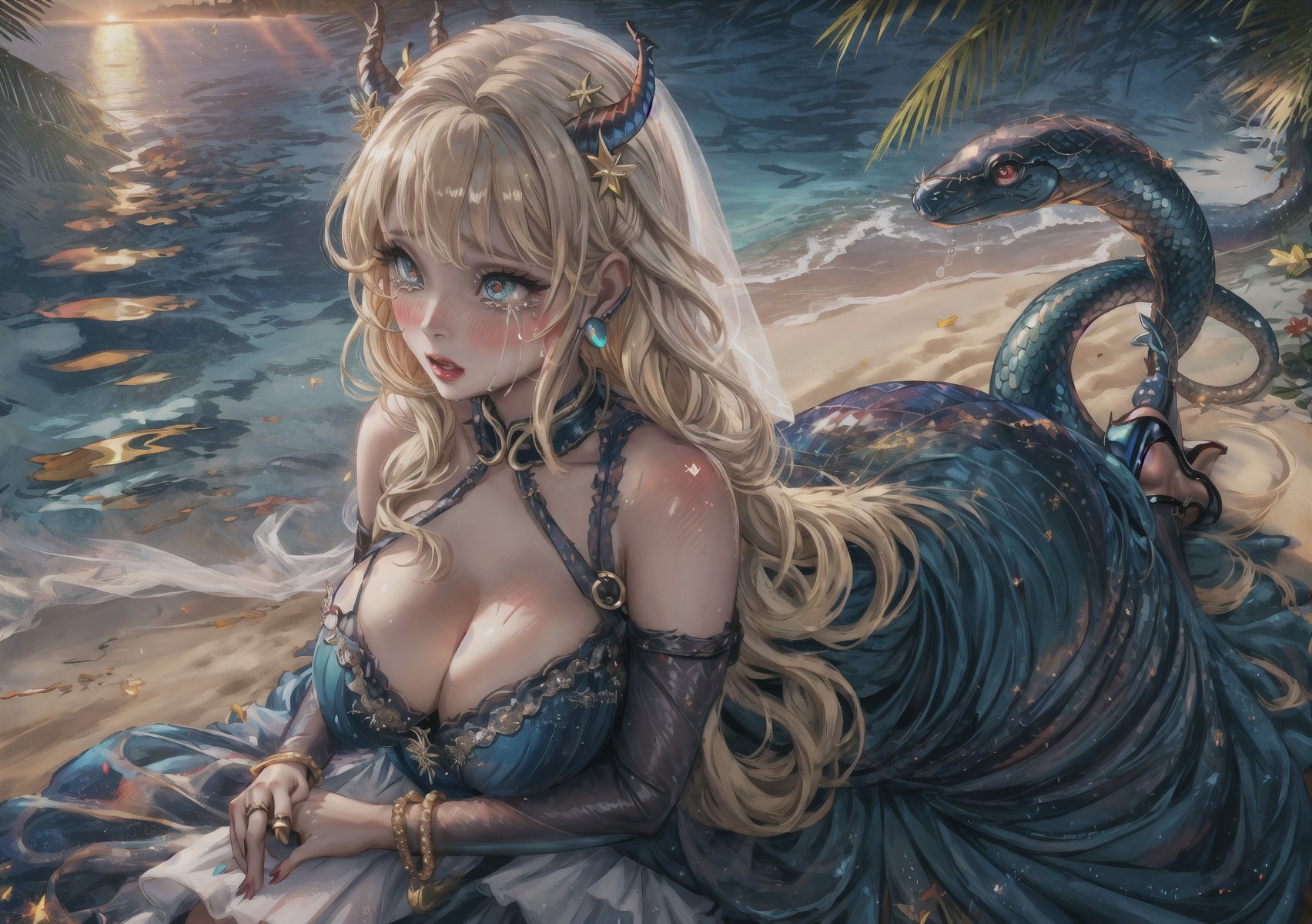 a girl, blonde hair, long hair, snake braid and reverse braids, voluptuous, big breasts, demon eyes, vermilion eyes, eyeliner, blush, crimson lips, mermaid ears, earrings, charms, rings, bracelets, cold silk dress, white dress, wedding dress, sitting, sitting on the sand, noble, night, crying, high heels,sm