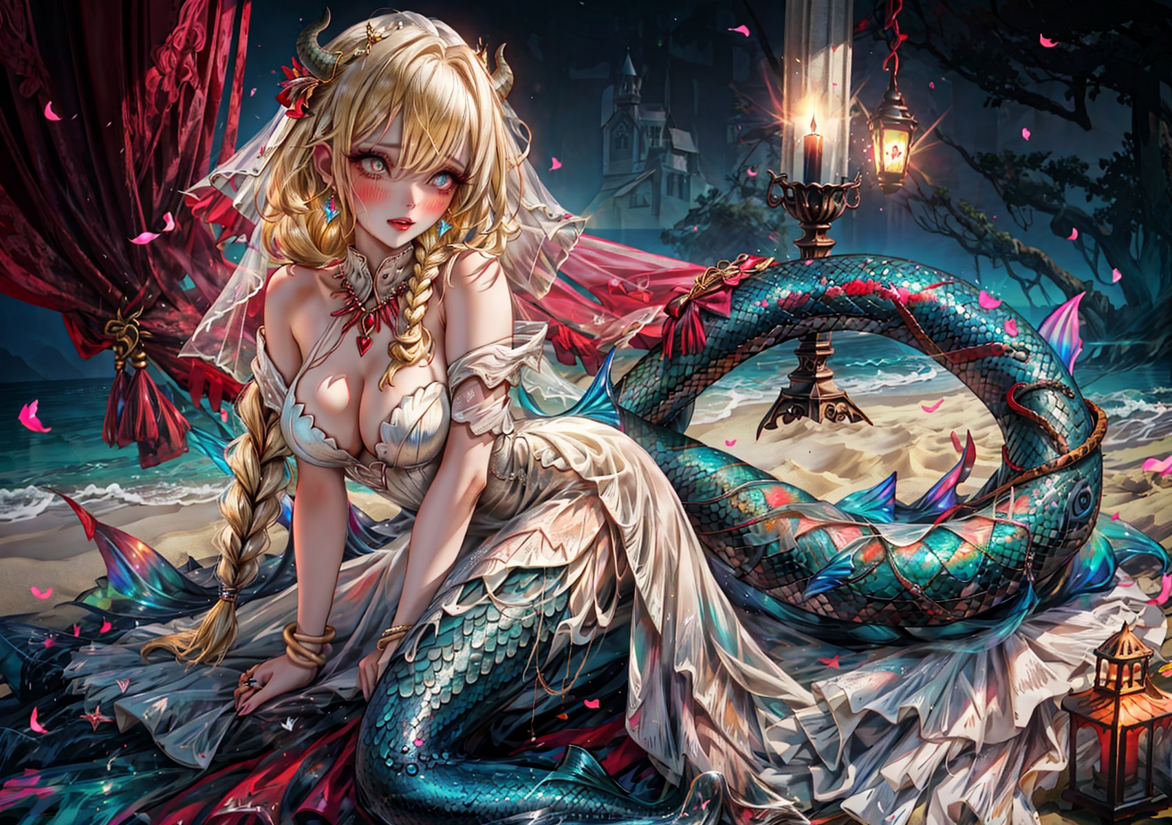 a girl, blonde hair, long hair, snake braid and reverse braids, voluptuous, big breasts, demon eyes, vermilion eyes, eyeliner, blush, crimson lips, mermaid ears, earrings, charms, rings, bracelets, cold silk dress, white dress, wedding dress, sitting, sitting on the sand, noble, night, crying, high heels