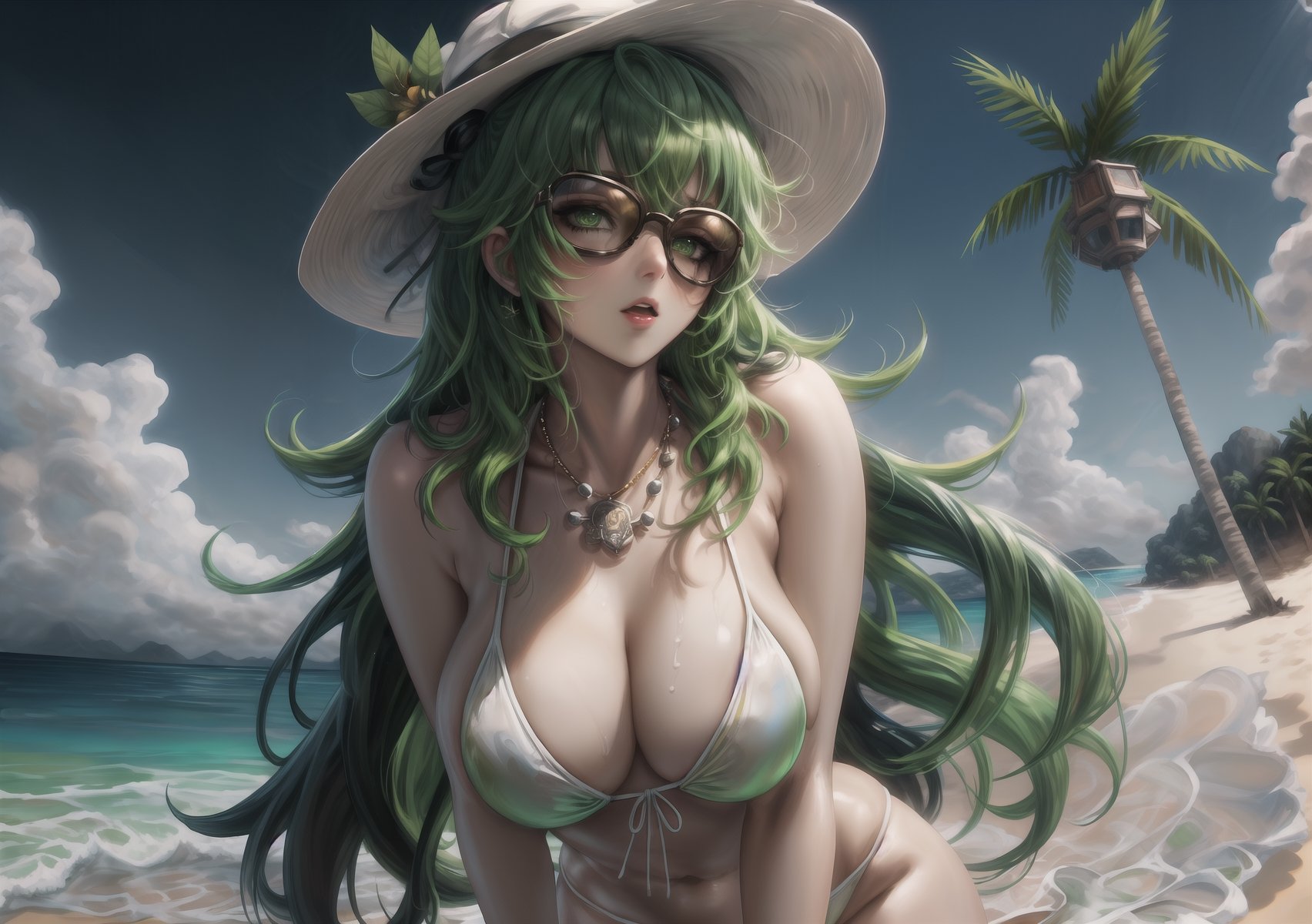 Masterpiece, Best quality, High resolution, Voluptuous woman, beach, tropical drink, Only woman, Curves, Masterpiece, Big breasts, relaxed expression, white floral bikini, sunglasses, black and green streaked hair, tortuous relaxation, background tropical beach, long bicolor black and green hair, green eyes, beach hat, necklace, dynamic view, dynamic pose,