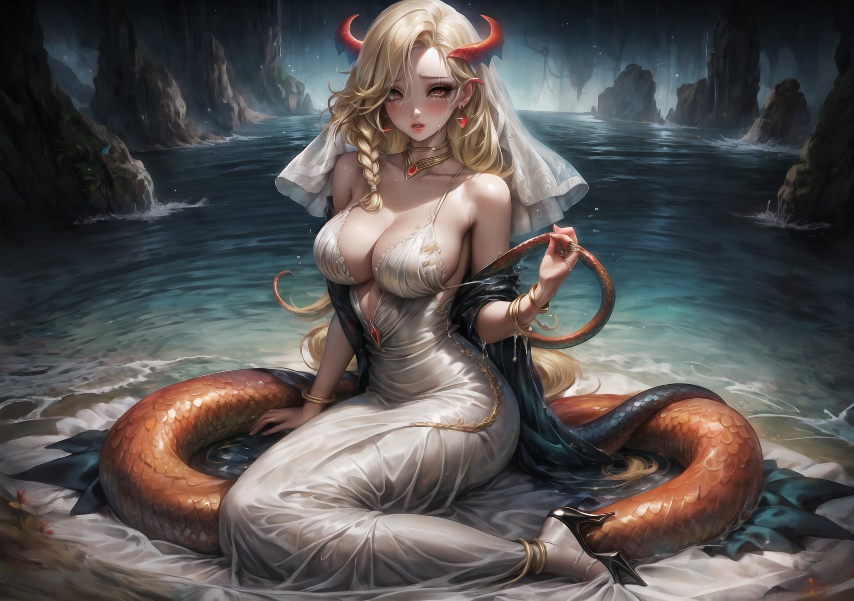 a girl, blonde hair, long hair, snake braid and reverse braids, voluptuous, big breasts, demon eyes, vermilion eyes, eyeliner, blush, crimson lips, mermaid ears, earrings, charms, rings, bracelets, cold silk dress, white dress, wedding dress, sitting, sitting on the sand, noble, night, crying, high heels