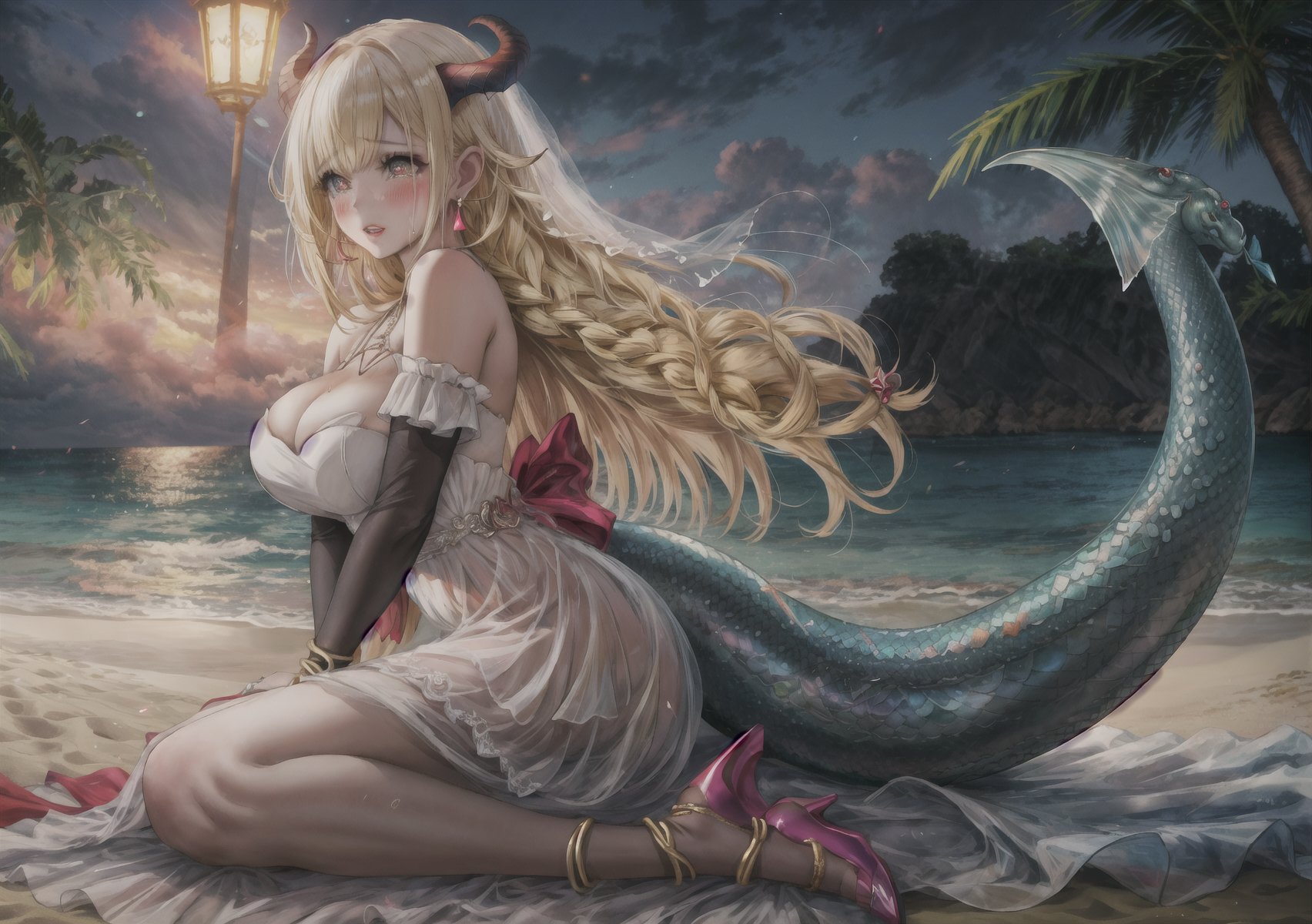 a girl, blonde hair, long hair, snake braid and reverse braids, voluptuous, big breasts, demon eyes, vermilion eyes, eyeliner, blush, crimson lips, mermaid ears, earrings, charms, rings, bracelets, cold silk dress, white dress, wedding dress, sitting, sitting on the sand, noble, night, crying, high heels,sm