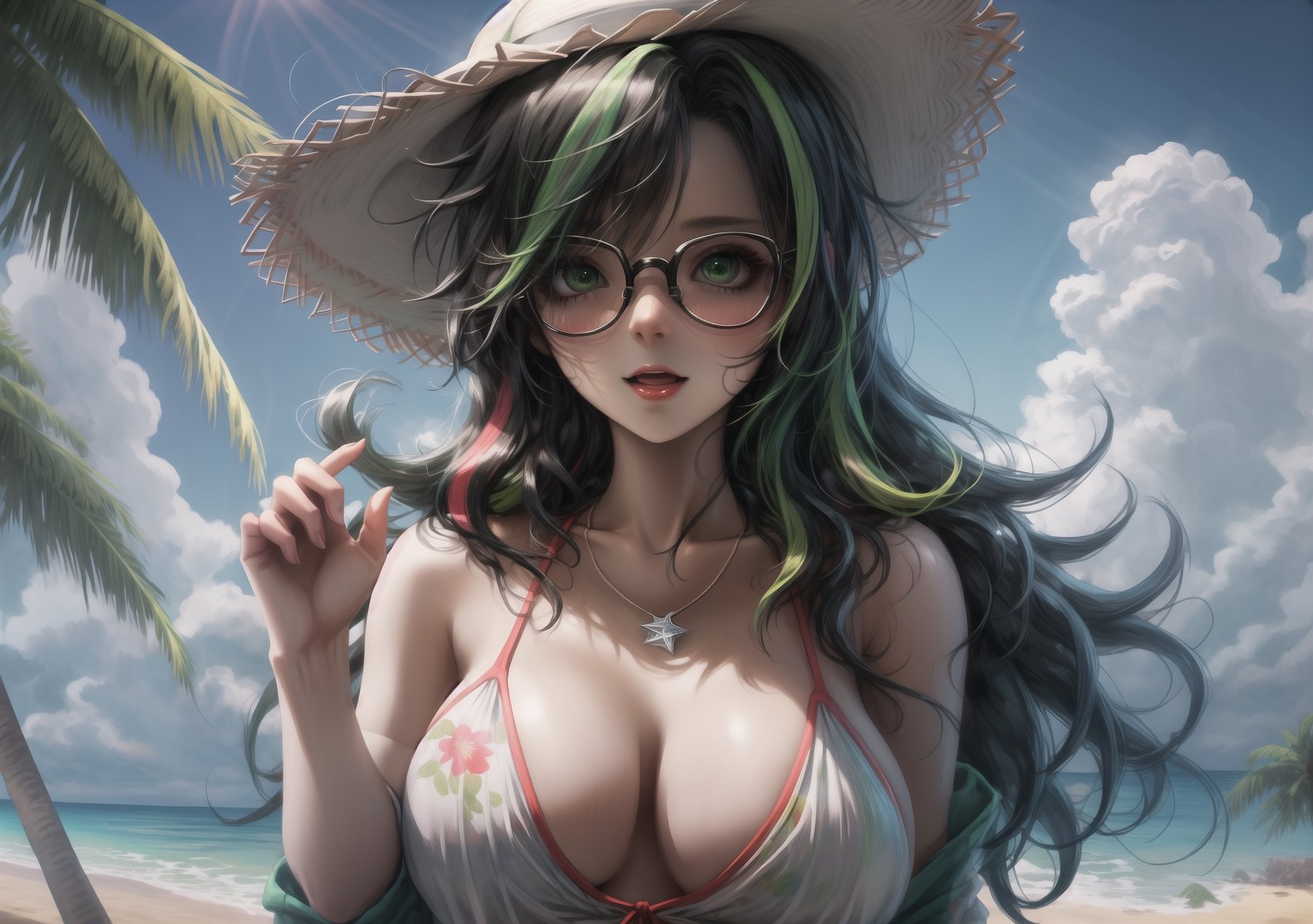 Masterpiece, Best quality, High resolution, Voluptuous woman, beach, beach fan, Only woman, Curves, Masterpiece, Big breasts, relaxed expression, white floral bikini, sunglasses, black and green streaked hair, tortuous happiness, tropical beach background, black bicolor long hair, green eyes, beach hat, necklace, dynamic view, dynamic pose,