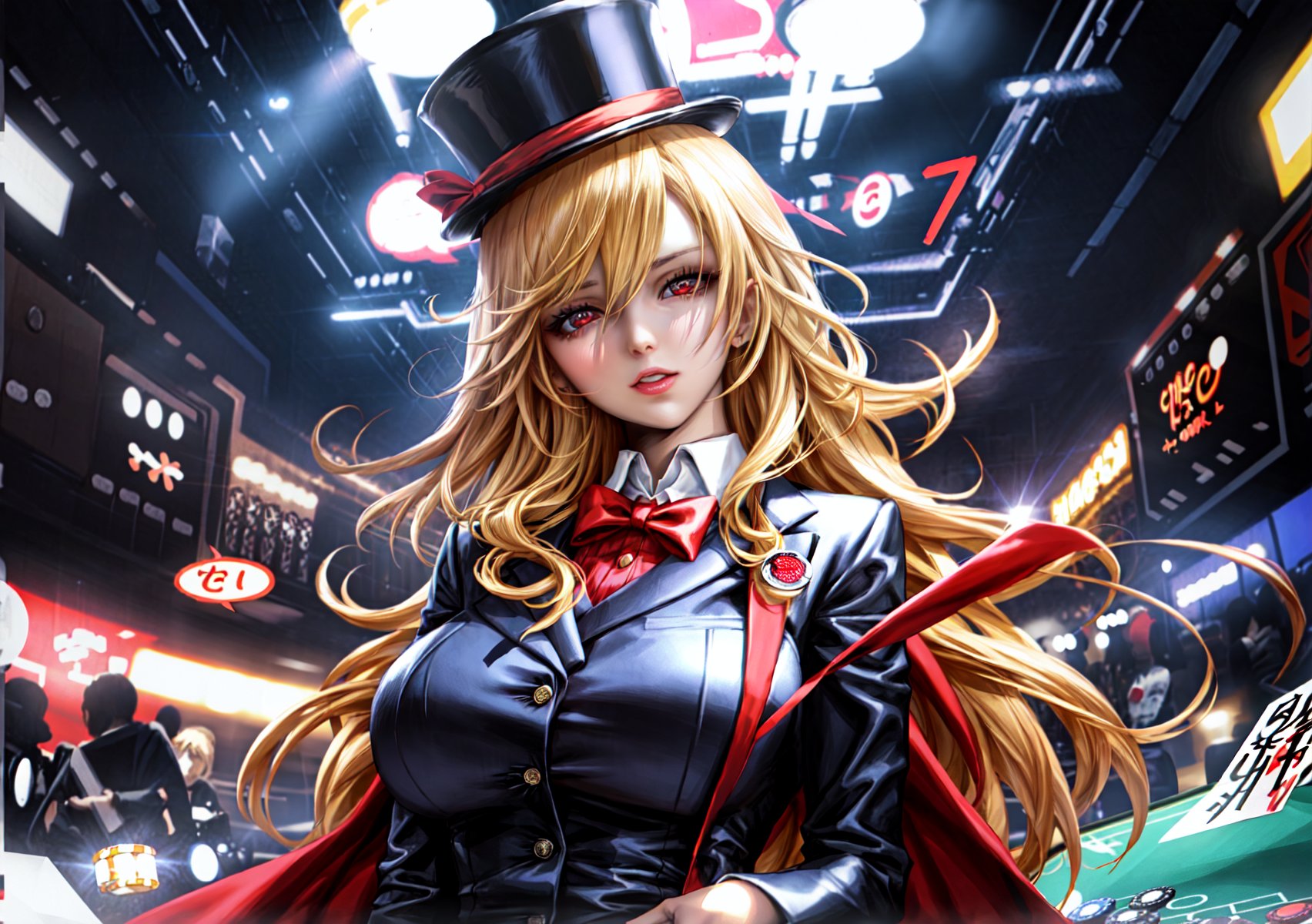 a magazine cover, floating japanese text, red text, Defaults17Style, a lot of text on the magazine cover, casino, casino background, casino table, 1 voluptuous young woman, short blonde hair above her shoulders, red eyes, hair Between the eyes, very large breasts, alone, flushed skin, red collared shirt, white tuxedo, white top hat, red ribbon on top hat, letter ornaments,