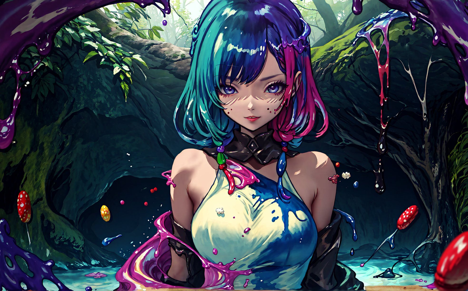 a slime woman, red slime, water clothes, brown clothes, painted body, multicolored paint, in the water, chocolate water, candy forest,candystyle