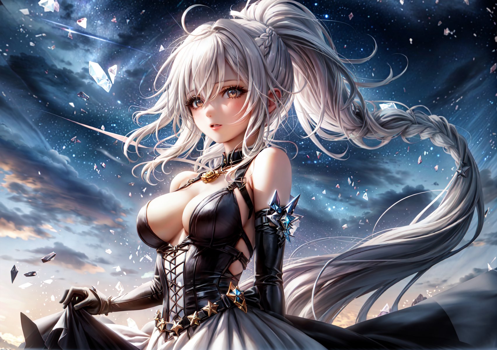 1girl, absurdres, bare_shoulders, braid, breasts, brown_eyes, crystal, dress, elbow_gloves, gloves, hair_between_eyes, highres, ice_crystal, large_breasts, long_hair, looking_at_viewer, night, night_sky, official_alternate_costume, ponytail, r1n54234459, saki_fuwa_(tower_of_fantasy), sky, solo, star_(sky), starry_sky, tower_of_fantasy, very_long_hair, white_dress, white_gloves, white_hair