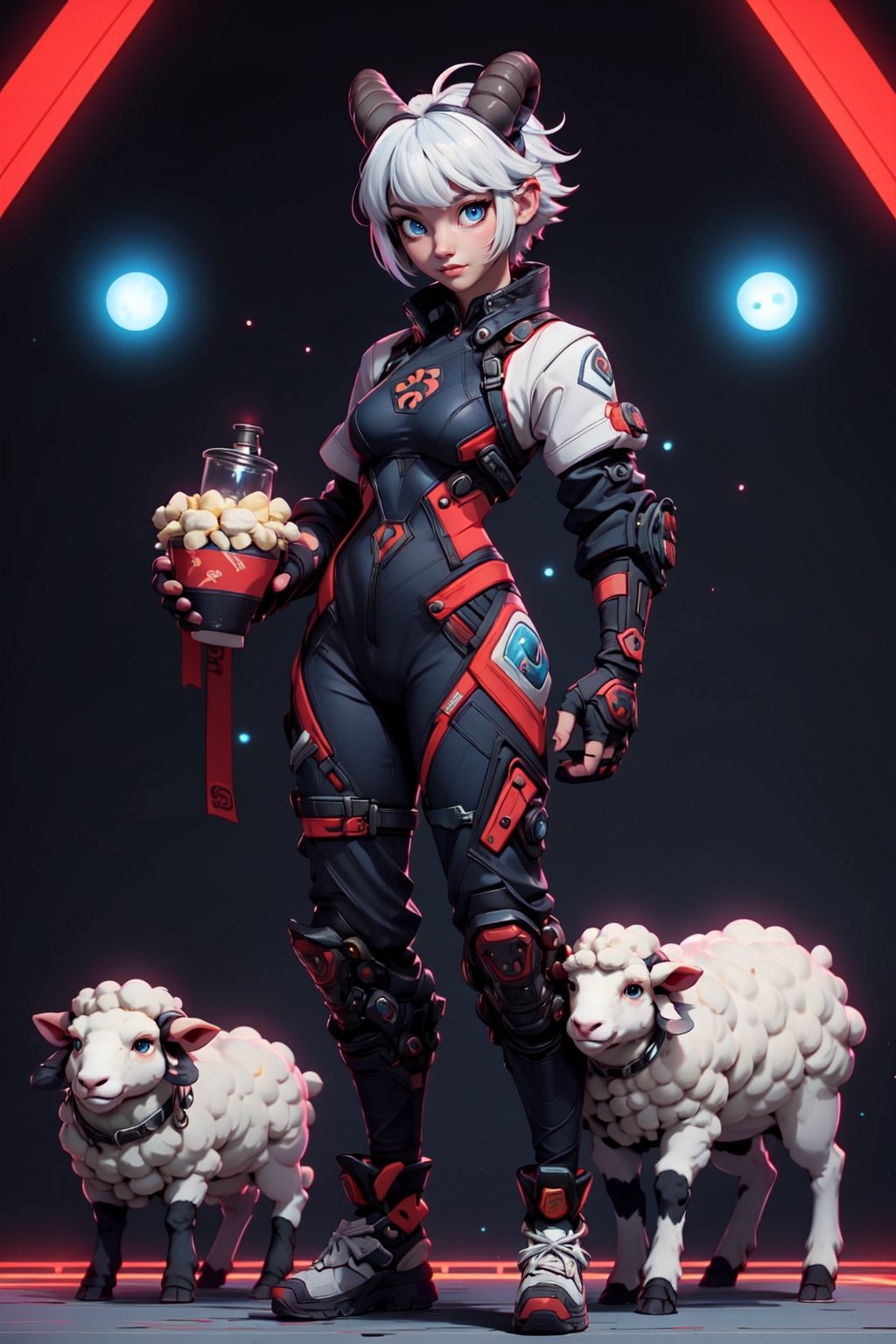 1girl, solo, looking at viewer, short hair, bangs, blue eyes, real- , holding, animal ears, standing, full body, white hair, horns, fingerless gloves, bodysuit, animal, science fiction, chinese zodiac, sheep horns, sheep, blad4,Expresive