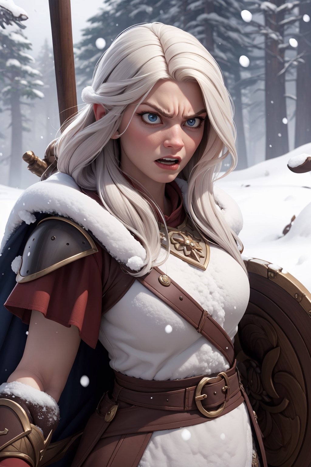 masterpiece, best quality,angry viking woman, snow background, covered with snow,