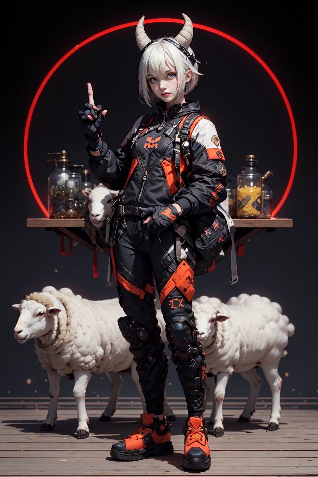 1girl, solo, looking at viewer, short hair, bangs, blue eyes, real- , holding, animal ears, standing, full body, white hair, horns, fingerless gloves, bodysuit, animal, science fiction, chinese zodiac, sheep horns, sheep, blad4