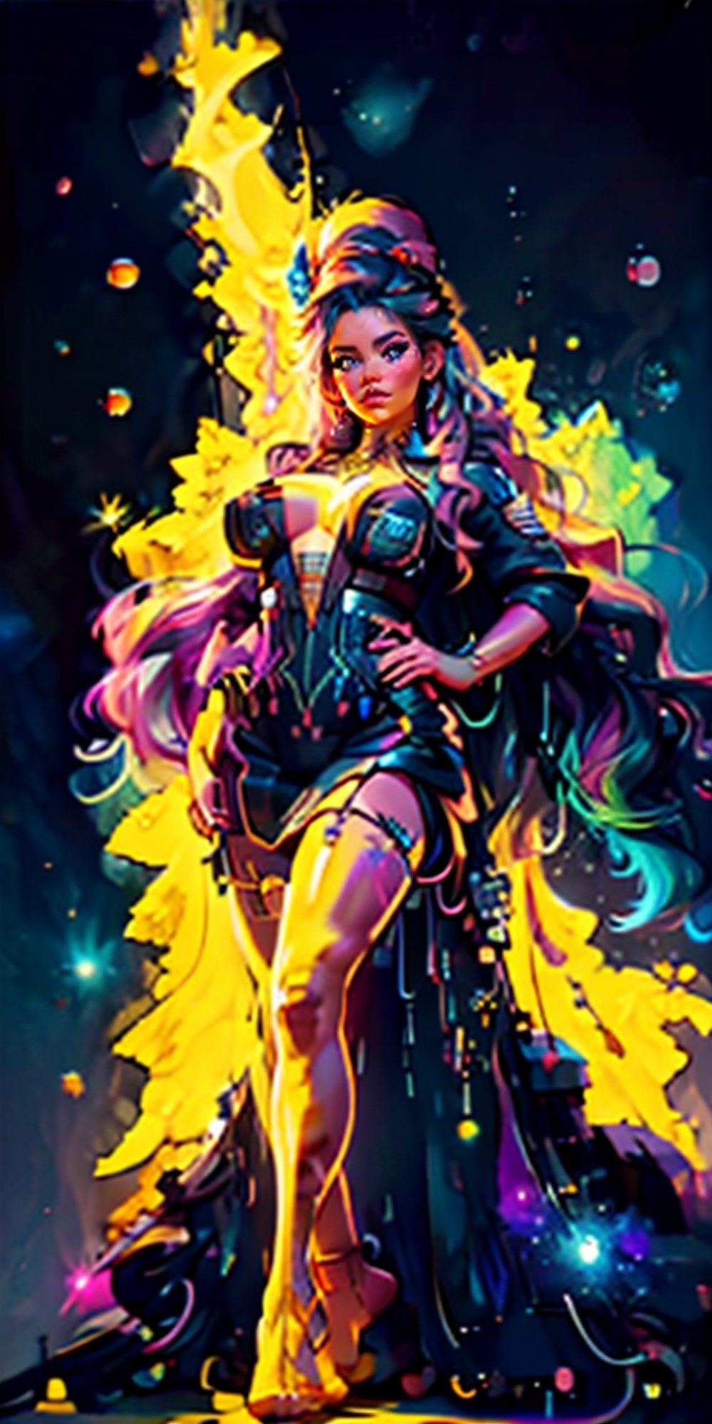 A stunning woman with vibrant diamond hair, glowing in the midst of galaxy formations, painted by david diaz and sakimichan, detailed and realistic textures, vibrant colors, surreal and mysterious, hyperrealistic, modern art, digital painting, trending in Artstation, cinematic lighting, and dynamic composition.VERY LONG HAIR,High detailed,big hair,absurdly_long_hair,Sexy Big Breast,Mega Milkers,((hair_past_feet)),Neon Light,panam palmer,High detailed ,EpicArt