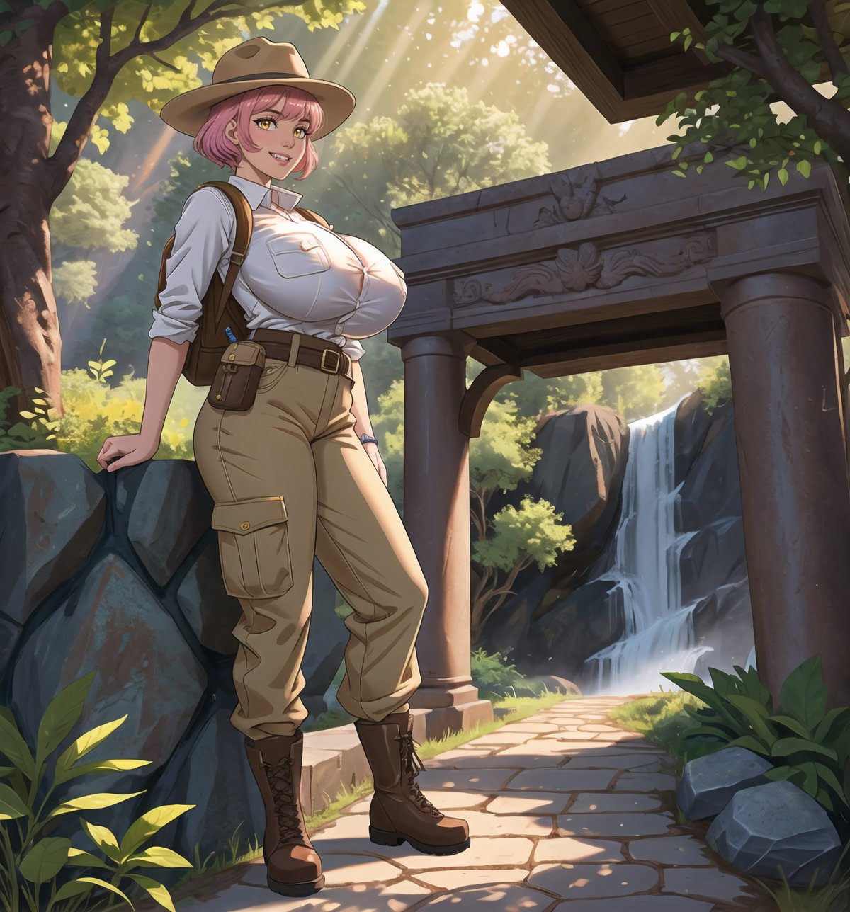 An ultra-detailed 16K masterpiece with adventure and fantasy styles, rendered in ultra-high resolution with realistic details. | A young 23-year-old woman with huge breasts wearing an archaeologist outfit consisting of a khaki shirt, beige cargo pants, brown hiking boots, a brown explorer's hat, a utility belt with digging tools, and a leather backpack brown. Her short pink hair, with a modern and stylish cut, has shiny highlights that reflect the sunlight. Its yellow eyes look at the viewer with a seductive expression, smiling and showing its teeth, with a reddened face. Located in an ancient temple with a waterfall in the background and rocks around. Sunlight filters through the trees, creating a magical atmosphere. Stone structures, marble columns and ancient sculptures adorn the scene. | The image highlights the imposing figure of the young archaeologist and the architectural elements of the temple. The stone structures, marble columns and ancient sculptures, along with the archaeologist, waterfall, rocks and sunlight, create a magical and adventurous environment. The sun's rays filtering through the trees create dramatic shadows and highlight the details of the scene. | Soft, natural lighting effects create a relaxing and mysterious atmosphere, while detailed textures on structures and costumes add realism to the image. | A relaxing and adventurous scene of a young archaeologist in an ancient temple, fusing elements of adventure and fantasy. |(((The image reveals a full-body shot as the young woman assumes a sensual pose, engagingly leaning against a structure within the scene in an exciting manner. She takes on a sensual pose as she interacts, boldly leaning on a structure, leaning back and boldly throwing herself onto the structure, reclining back in an exhilarating way.))). | ((((full-body shot)))), ((perfect pose)), ((perfect arms):1.2), ((perfect limbs, perfect fingers, better hands, perfect hands, hands)), ((perfect legs, perfect feet):1.2), the young woman has ((perfect breasts, firm breasts, saggy breasts, huge breasts)), ((perfect design)), ((perfect composition)), ((very detailed scene, very detailed background, perfect layout, correct imperfections)), Enhance, Ultra details, More Detail, ((poakl))