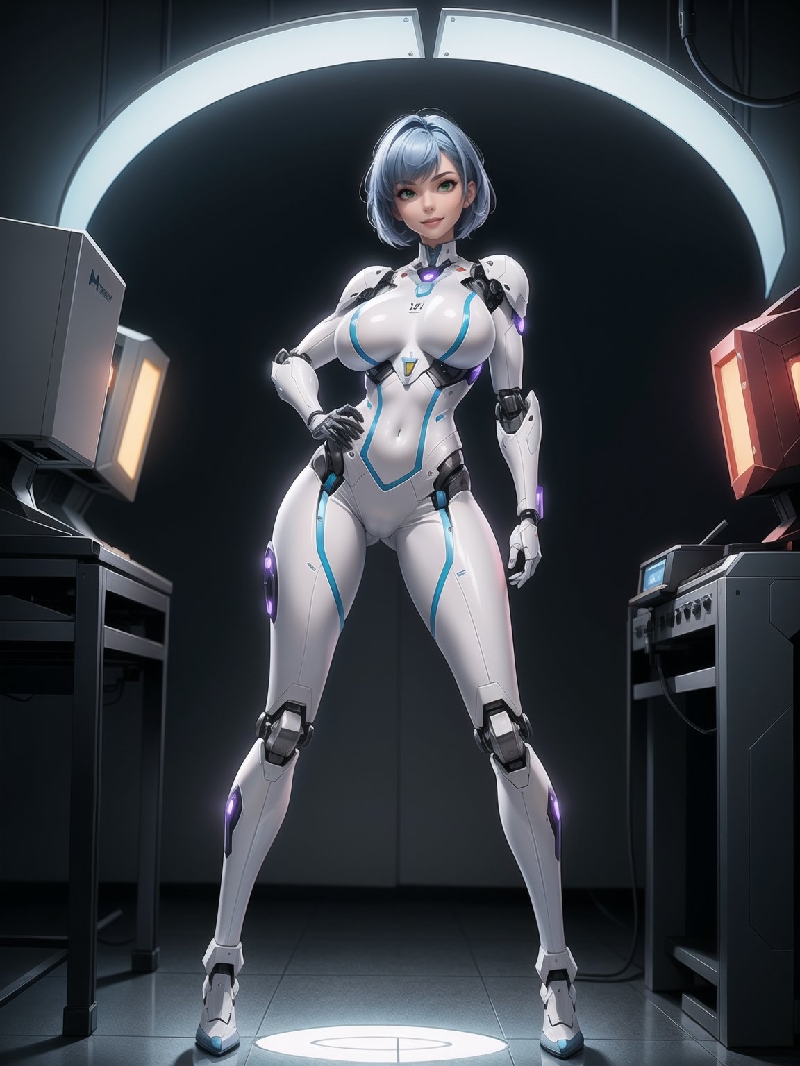 A woman, wearing mecha+armor mecha+robotic armor, white suit with purple parts, very tight and tight suit on the body, gigantic breasts, short hair, blue hair, c hair fastened with fastener, hair with bangs in front of the eyes, hair straight, (((looking at the viewer, sensual pose+Interacting+leaning on anything+object+leaning against))) in a laboratory of scientific experiments,  with many machines, glass reservoirs with alien bodies, many computers, equipment, ((full body)), 16K, UHD, unreal engine 5, quality max, max resolution, ultra-realistic, ultra-detailed, maximum sharpness, ((perfect_hands, perfect_legs)), Goodhands-beta2, ((gigantic breasts, Alien, robotic body, cybernetic armor))