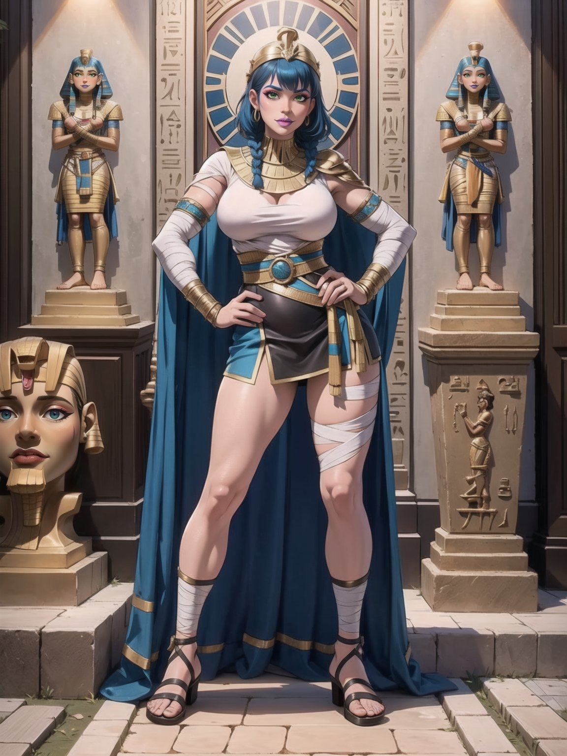 A woman, Egyptian costume with white t-shirt + golden armor, shorts + very short black skirt, brown leather sandals, ((body bandaged with bandages)), very tight costume and stuck to the body. Gigantic breasts, wearing a helmet on her head, very short hair, blue hair, hair with 1+ braids, hair with bangs in front of her eyes. Looking directly at the viewer, at a very ancient Egyptian pyramid, with large stone altars, figurines. Sarcophagi of ancient kings, torches attached to the walls illuminating the place, ancient mirrors, ((sensual pose with interaction and leaning on anything + object+on something + leaning against)) + present in a very ancient Egyptian pyramid, ((Ancient Egypt, Sahara Desert)), 16K, UHD, Unreal Engine 5, (full body:1.5), quality max, max resolution, ultra-realistic, maximum sharpness, More detail, perfect_legs, perfect_thighs, perfect_feet, perfect_hands, better_hands