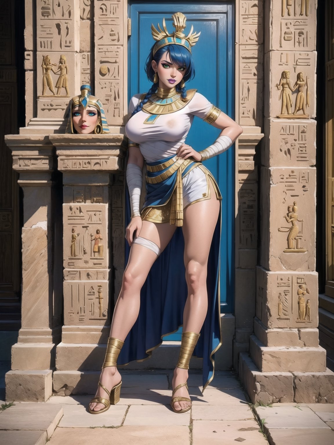 A woman, Egyptian costume with white t-shirt + golden armor, shorts + very short black skirt, brown leather sandals, ((body bandaged with bandages)), very tight costume and stuck to the body. Gigantic breasts, wearing a helmet on her head, very short hair, blue hair, hair with 1+ braids, hair with bangs in front of her eyes. Looking directly at the viewer, at a very ancient Egyptian pyramid, with large stone altars, figurines. Sarcophagi of ancient kings, torches attached to the walls illuminating the place, ancient mirrors, ((sensual pose with interaction and leaning on anything + object+on something + leaning against)) + present in a very ancient Egyptian pyramid, ((Ancient Egypt, Sahara Desert)), 16K, UHD, Unreal Engine 5, (full body:1.5), quality max, max resolution, ultra-realistic, maximum sharpness, More detail, perfect_legs, perfect_thighs, perfect_feet, perfect_hands, better_hands