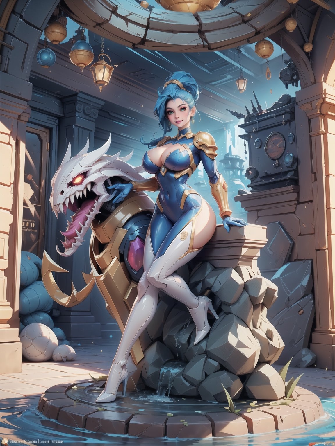 Solo woman, ((mecha costume all white, parts in blue, costume very tight on the body, gigantic breasts)), mohawk hair, blue hair, messy hair, hair with ponytail, looking directly at the viewer, she is, in an alien dungeon, with many machines, many aliens, waterfall, large stone pillars, stone altars, heavy armaments, ((super metroid, ultra technological, warcraft)), 16K, UHD, best possible quality, ultra detailed, best possible resolution, Unreal Engine 5, Super Metroid, professional photography, she's, (((Sensual pose with interaction and leaning on anything+object+on something+leaning against))), better_hands, More detail, ((full body))