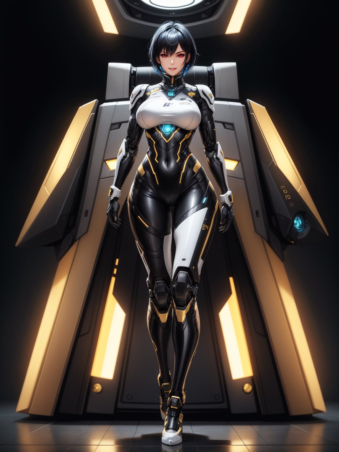 1cybernetic warrior woman, black cybernetic armor with gold parts+white mecha suit, tight suit on the body, gigantic breasts, bright blue hair, short hair, hair with bangs in front of the eyes, helmet on the head, looking at the viewer, (((erotic pose interacting and leaning [on something in the environment|on an object]))), in a secret location with several machines,  computers, robots, vehicles, windows, ((full body):1.5), 16k, UHD, best possible quality, ultra detailed, best possible resolution, Unreal Engine 5, professional photography, well-detailed fingers, well-detailed hand, perfect_hands