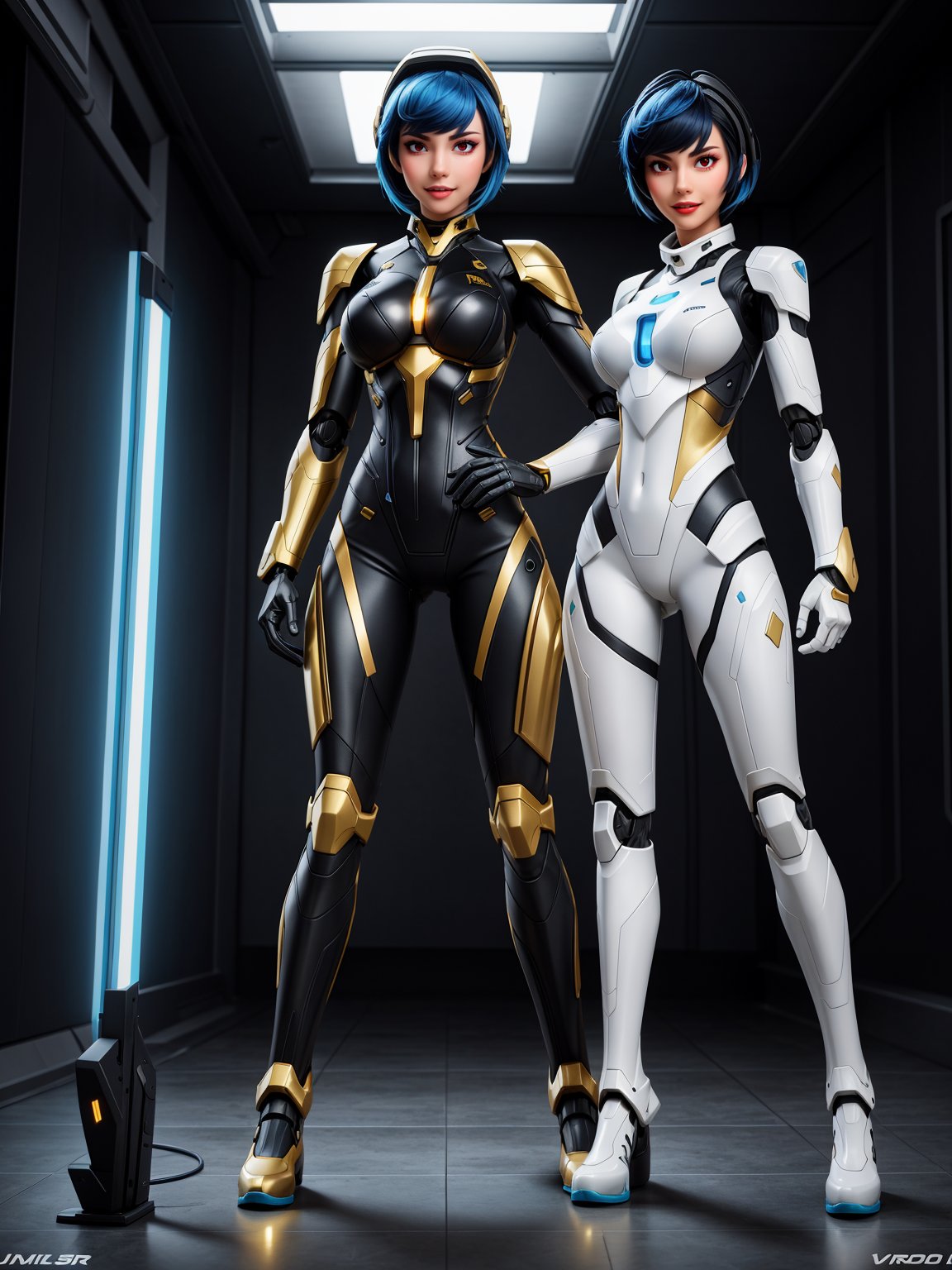 1cybernetic warrior woman, black cybernetic armor with gold parts+white mecha suit, tight suit on the body, gigantic breasts, bright blue hair, short hair, hair with bangs in front of the eyes, helmet on the head, looking at the viewer, (((erotic pose interacting and leaning [on something in the environment|on an object]))), in a secret location with several machines,  computers, robots, vehicles, windows, ((full body):1.5), 16k, UHD, best possible quality, ultra detailed, best possible resolution, Unreal Engine 5, professional photography, well-detailed fingers, well-detailed hand, perfect_hands