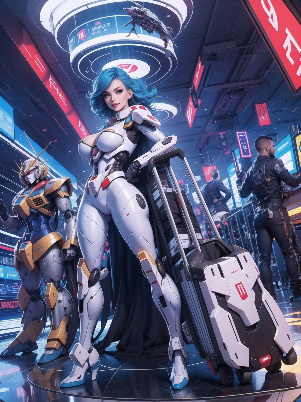 Solo woman,  wearing mecha suit+cybernetic armor+gundam suit,  all white with parts in blue by Zan on Tensor.Art