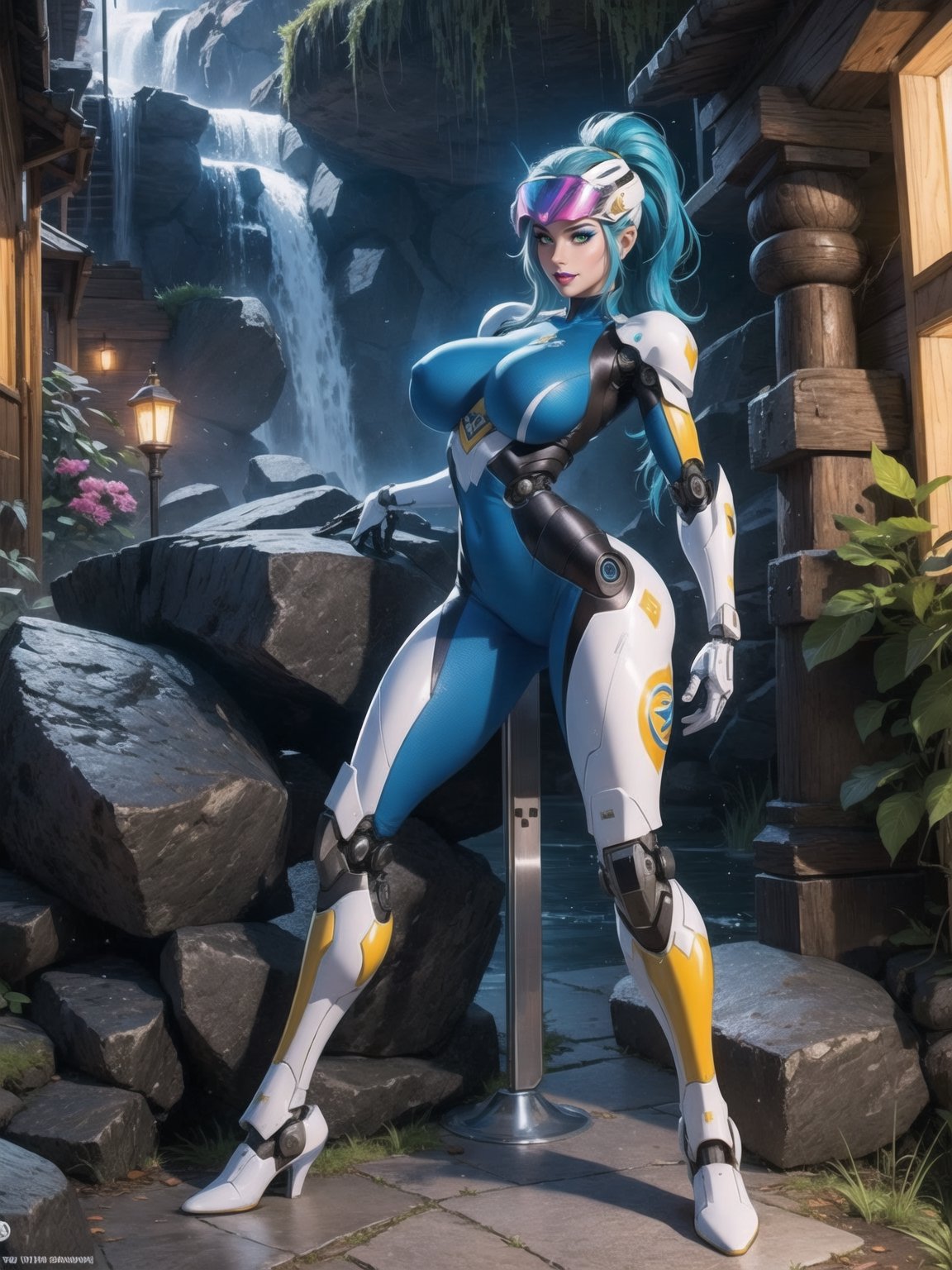 Solo female, ((wearing mecha suit+robotic suit completely white, with blue parts, more yellow lights, suit with attached weapons, gigantic breasts, wearing cybernetic helmet with visor)), mohawk hair, blue hair, messy hair, hair with ponytail, looking directly at the viewer, she is, in a dungeon, with a waterfall, large stone altars, stone structures, machines, robots, large altars of ancient gods, figurines, Super Metroid, ultra technological, Zelda, Final Fantasy,  world_of_warcraft, UHD, best possible quality, ultra detailed, best possible resolution, Unreal Engine 5, professional photography, she is (((Sensual pose with interaction and leaning on anything+object+on something+leaning against))), better_hands, ((full body)), More detail