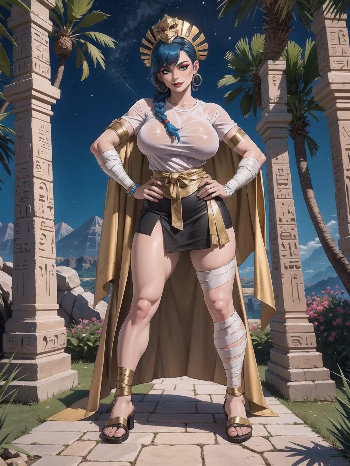 A woman, Egyptian costume with white t-shirt with gold armor, very short black skirt, brown leather sandals, ((body bandaged with bandages)), very tight suit and clinging to the body. Gigantic breasts, wearing a helmet on her head, very short hair, blue hair, hair with 1braid, hair with bangs in front of the eyes. Looking directly at the viewer, in a desert oasis, at night, with large stones, large pillars, figurines of ancient gods, ((sensual pose with interaction and leaning on anything + object+on something + leaning against)) + present in a desert oasis, 16K, UHD, Unreal Engine 5, (full body:1.5), quality max, max resolution, ultra-realistic, maximum sharpness, More detail,  perfect_legs, perfect_thighs, perfect_feet, perfect_hands, better_hands. (Ancient Egypt style)