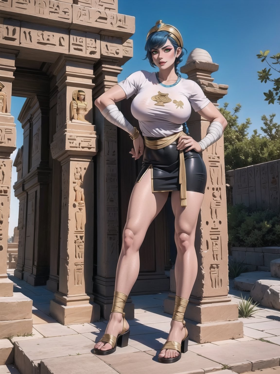 A woman, Egyptian costume with white t-shirt with gold armor, very short black skirt, brown leather sandals, ((body bandaged with bandages)), very tight suit and clinging to the body. Gigantic breasts, wearing a helmet on her head, very short hair, blue hair, hair with 1braid, hair with bangs in front of the eyes. Looking directly at the viewer, in a desert oasis, at night, with large stones, large pillars, figurines of ancient gods, ((sensual pose with interaction and leaning on anything + object+on something + leaning against)) + present in a desert oasis, 16K, UHD, Unreal Engine 5, (full body:1.5), quality max, max resolution, ultra-realistic, maximum sharpness, More detail,  perfect_legs, perfect_thighs, perfect_feet, perfect_hands, better_hands. (Ancient Egypt style)