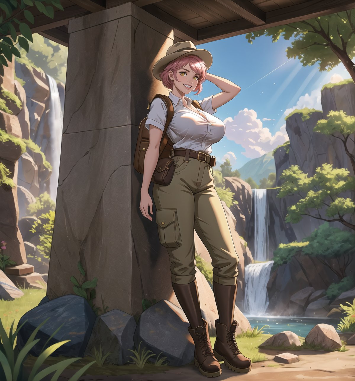 An ultra-detailed 16K masterpiece with adventure and fantasy styles, rendered in ultra-high resolution with realistic details. | A young 23-year-old woman with huge breasts wearing an archaeologist outfit consisting of a khaki shirt, beige cargo pants, brown hiking boots, a brown explorer's hat, a utility belt with digging tools, and a leather backpack brown. Her short pink hair, with a modern and stylish cut, has shiny highlights that reflect the sunlight. Its yellow eyes look at the viewer with a seductive expression, smiling and showing its teeth, with a reddened face. Located in an ancient temple with a waterfall in the background and rocks around. Sunlight filters through the trees, creating a magical atmosphere. Stone structures, marble columns and ancient sculptures adorn the scene. | The image highlights the imposing figure of the young archaeologist and the architectural elements of the temple. The stone structures, marble columns and ancient sculptures, along with the archaeologist, waterfall, rocks and sunlight, create a magical and adventurous environment. The sun's rays filtering through the trees create dramatic shadows and highlight the details of the scene. | Soft, natural lighting effects create a relaxing and mysterious atmosphere, while detailed textures on structures and costumes add realism to the image. | A relaxing and adventurous scene of a young archaeologist in an ancient temple, fusing elements of adventure and fantasy. |(((The image reveals a full-body shot as the young woman assumes a sensual pose, engagingly leaning against a structure within the scene in an exciting manner. She takes on a sensual pose as she interacts, boldly leaning on a structure, leaning back and boldly throwing herself onto the structure, reclining back in an exhilarating way.))). | ((((full-body shot)))), ((perfect pose)), ((perfect arms):1.2), ((perfect limbs, perfect fingers, better hands, perfect hands, hands)), ((perfect legs, perfect feet):1.2), the young woman has (((perfect breasts, firm breasts, saggy breasts, huge breasts))), ((perfect design)), ((perfect composition)), ((very detailed scene, very detailed background, perfect layout, correct imperfections)), Enhance, Ultra details, More Detail, ((poakl))