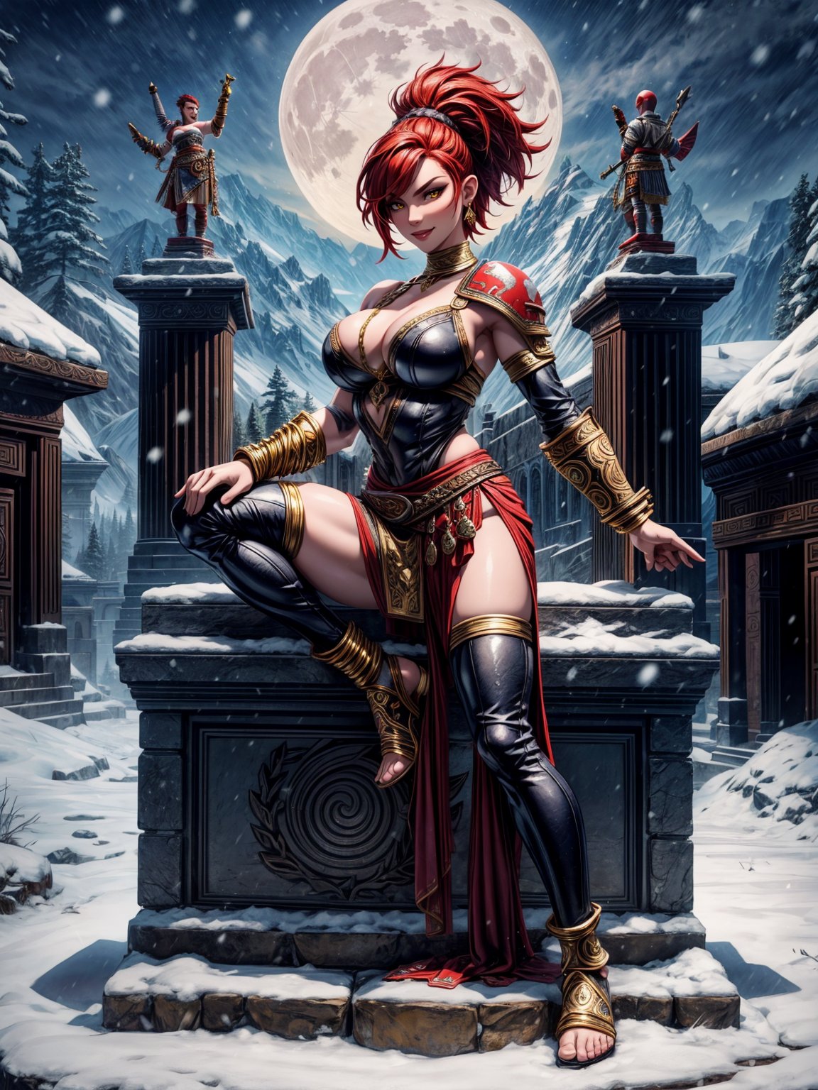 1woman, black armor with golden props, leather skirt with golden props, tight clothing on the body and erotic, absurdly giant breasts, red hair, mohawk hair, extremely short hair, hair with ponytail, hair with bangs in front of the eyes, helmet on the head, looking at the viewer, (((erotic pose interacting and leaning on something))), in an Arcadian temple with large figurines, sculptures, altars, pedestals, mountain background, snowing hard, at night, full moon top left, ((God of War)), ((full body):1.5), 16k, UHD, best possible quality, ((ultra detailed):1), best possible resolution, Unreal Engine 5, professional photography, perfect_hands