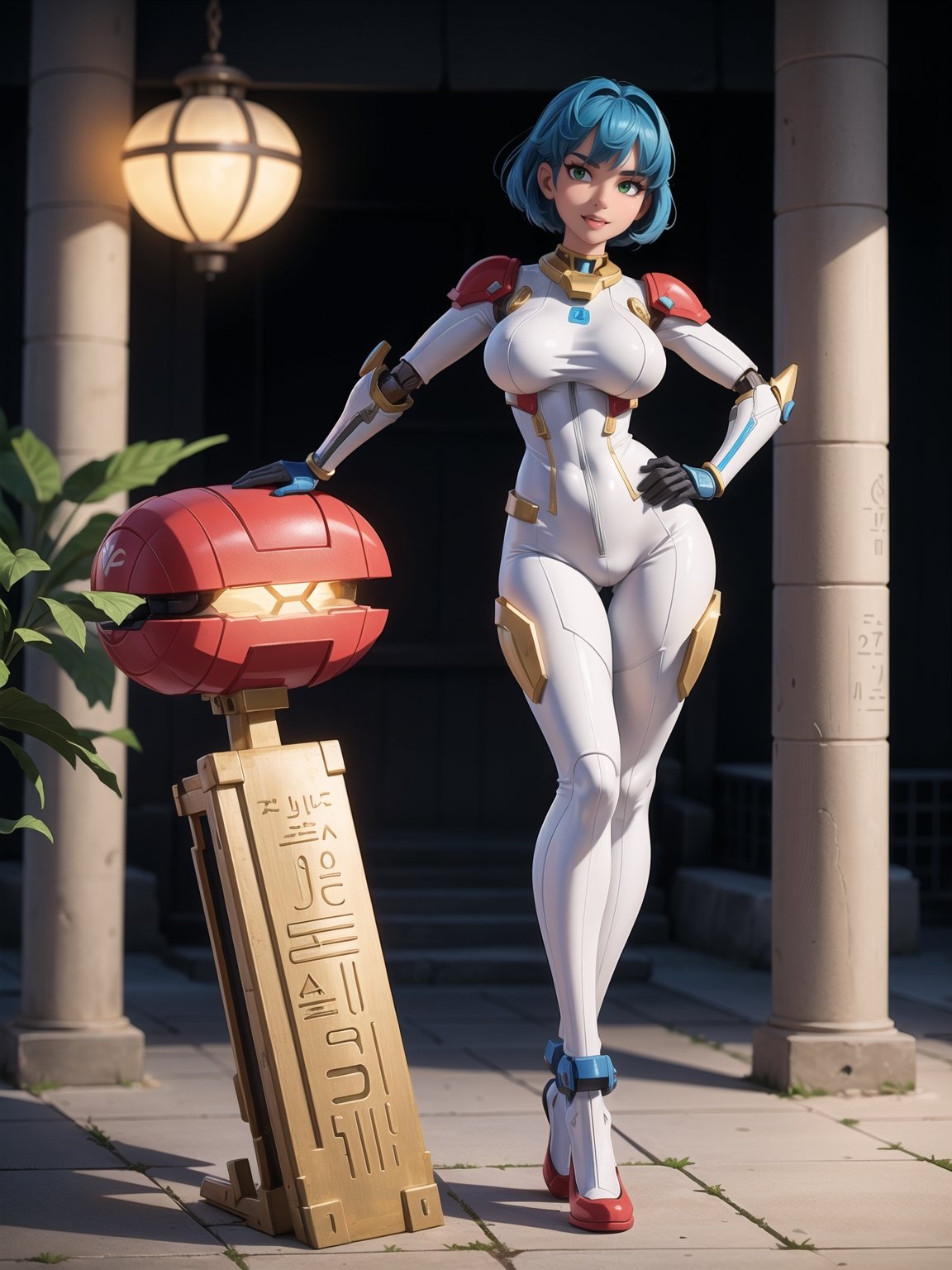 A woman, wearing mecha suit+mecha armor+robotic armor, white suit with parts in red+lights, very tight and tight suit on the body, gigantic breasts, short hair, blue hair, C hair fastened with fastener, hair with bangs in front of eyes, lizo hair, (((looking at the viewer, sensual pose+Interacting+leaning on anything+object+leaning against))) in an Egyptian temple+super metroid, with large structures, technological altars, mechanical structures, 16k, UHD, Unreal Engine 5, quality max, max resolution, ultra-realistic, ultra-detailed, maximum sharpness, ((perfect_hands, perfect_legs)), Goodhands-beta2, ((ancient Egypt+mecha+super_metroid_style)), ((full body))