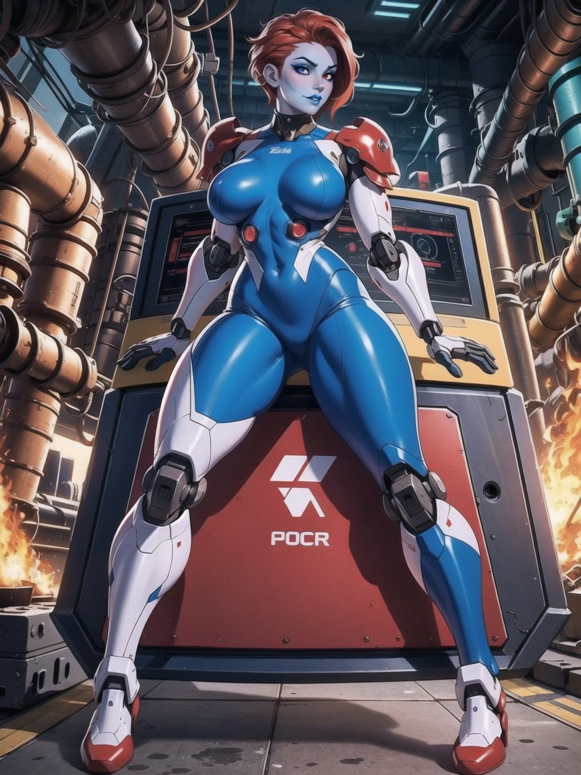 A woman, ((all-white mecha costume with red parts + metallic cybernetic armor with lights, costume covering everything)), very tight suit and stuck to the body. Gigantic breasts, very short hair, red hair, mohawk hair, hair with bangs in front of the eyes. Looking directly at the viewer, in a nuclear power plant, with many radiation machines, computers, forging machines, loading vehicles. ((sensual pose with interaction and leaning on anything + object+on something + leaning against)) + present in a nuclear power plant, ((nuclear, mecha, robotic limbs)), 16K, UHD, Unreal Engine 5, (full body:1.5), quality max, max resolution, ultra-realistic, maximum sharpness, More detail, perfect_legs, perfect_thighs, perfect_feet, perfect_hands, better_hands. (blue skin)