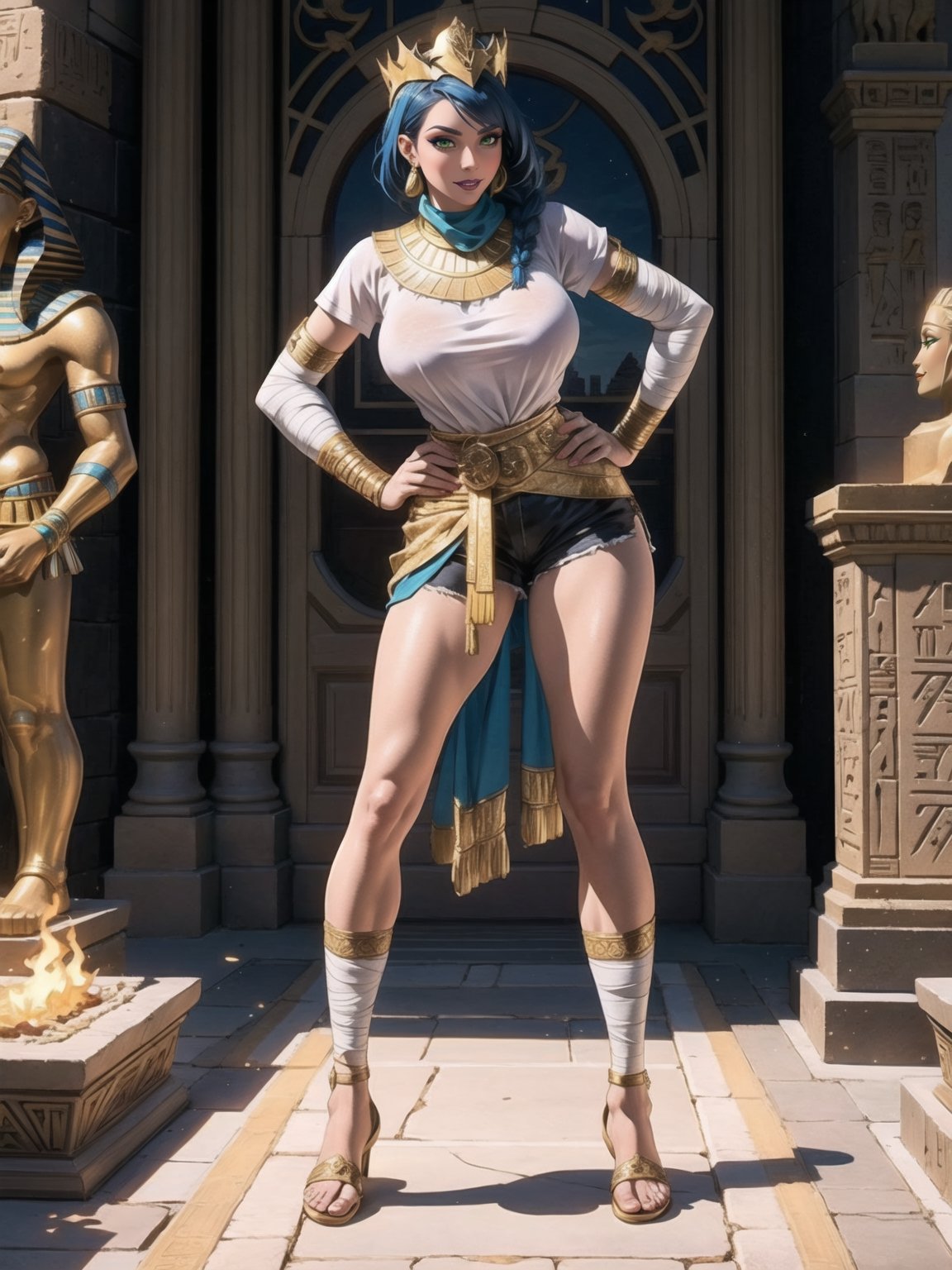 A woman, Egyptian costume with white t-shirt + golden armor, shorts + very short black skirt, brown leather sandals, ((body bandaged with bandages)), very tight costume and stuck to the body. Gigantic breasts, wearing a helmet on her head, very short hair, blue hair, hair with 1+ braids, hair with bangs in front of her eyes. Looking directly at the viewer, at a very ancient Egyptian pyramid, with large stone altars, figurines. Sarcophagi of ancient kings, torches attached to the walls illuminating the place, ancient mirrors, ((sensual pose with interaction and leaning on anything + object+on something + leaning against)) + present in a very ancient Egyptian pyramid, ((Ancient Egypt, Sahara Desert)), 16K, UHD, Unreal Engine 5, (full body:1.5), quality max, max resolution, ultra-realistic, maximum sharpness, More detail, perfect_legs, perfect_thighs, perfect_feet, perfect_hands, better_hands