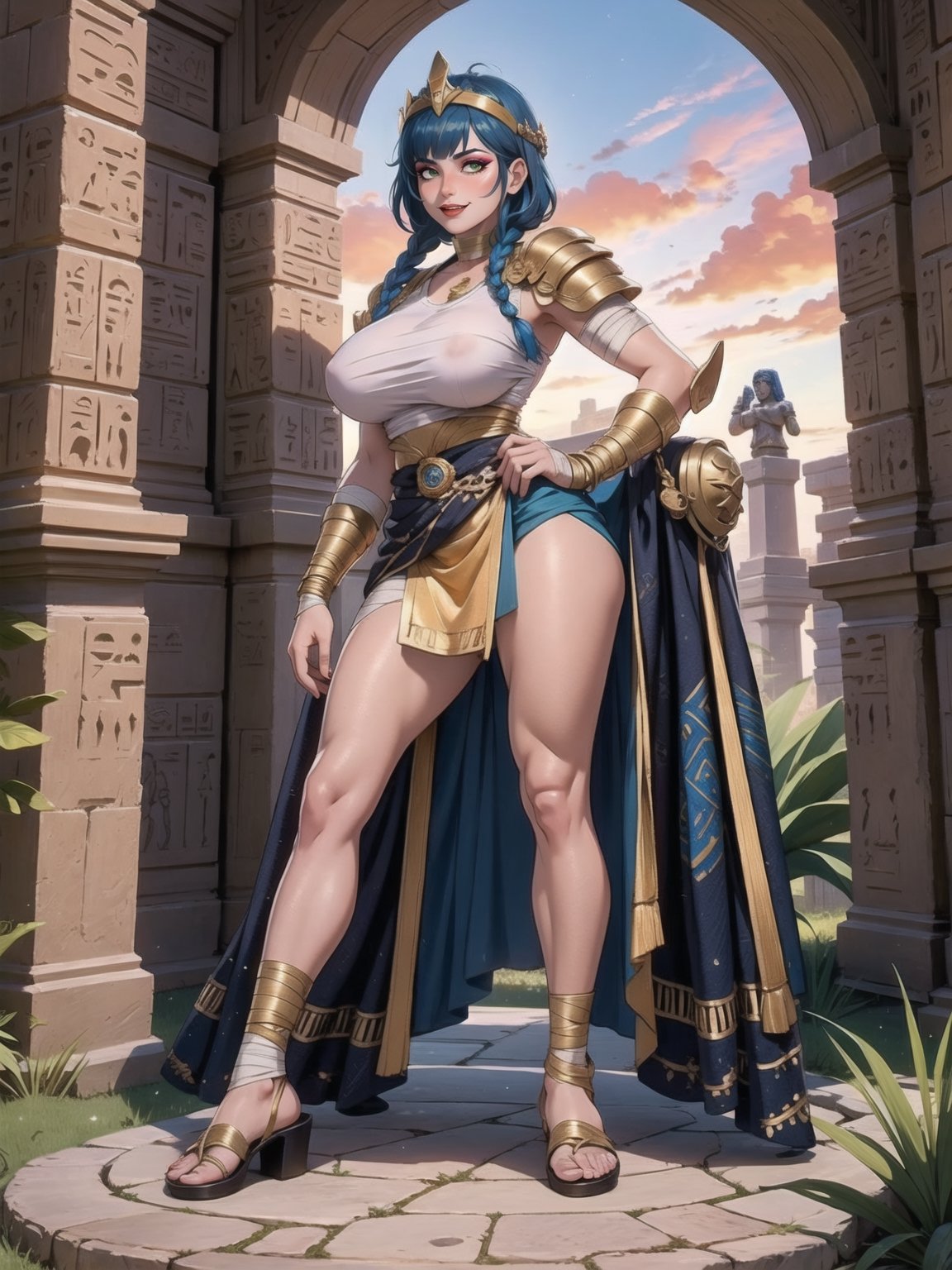 A woman, Egyptian costume with white t-shirt with gold armor, very short black skirt, brown leather sandals, ((body bandaged with bandages)), very tight suit and clinging to the body. Gigantic breasts, wearing a helmet on her head, very short hair, blue hair, hair with 1braid, hair with bangs in front of the eyes. Looking directly at the viewer, in a desert oasis, at night, with large stones, large pillars, figurines of ancient gods, ((sensual pose with interaction and leaning on anything + object+on something + leaning against)) + present in a desert oasis, 16K, UHD, Unreal Engine 5, (full body:1.5), quality max, max resolution, ultra-realistic, maximum sharpness, More detail,  perfect_legs, perfect_thighs, perfect_feet, perfect_hands, better_hands. (Ancient Egypt style)