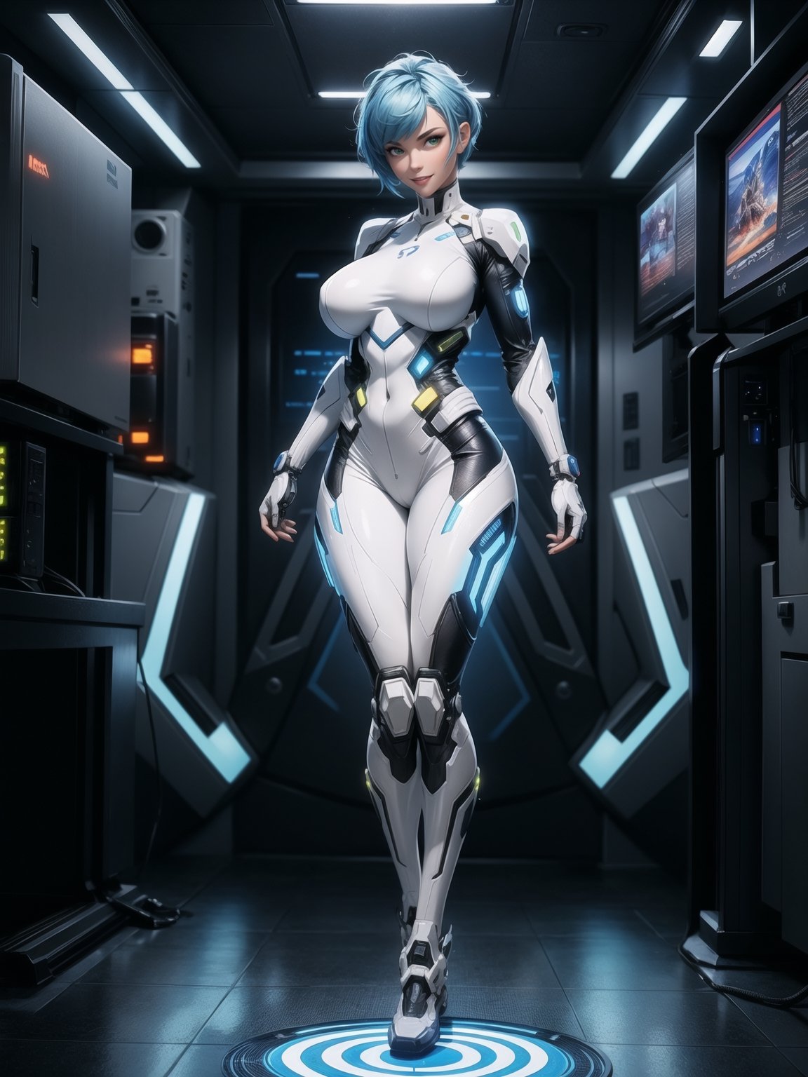 A woman, wearing mecha suit+robotic suit+cybernetizo suit, white+parts in blue+yellow lights, very tight costume on the body, ((gigantic breasts)), blue hair, very short hair, hair with bangs in front of the eyes, is looking at the viewer, (((sensual pose with interaction and leaning on anything+object+leaning))) in an alien dungeon, with futuristic machines, computers on the walls, control panels, slimes, aliens with cybernetic armor, ((full body):1.5), 16k, UHD, maximum quality, maximum resolution, ultra-realistic, ultra-detailed, ((perfect_hands):1) , Furtastic_Detailer, Goodhands-beta2, 