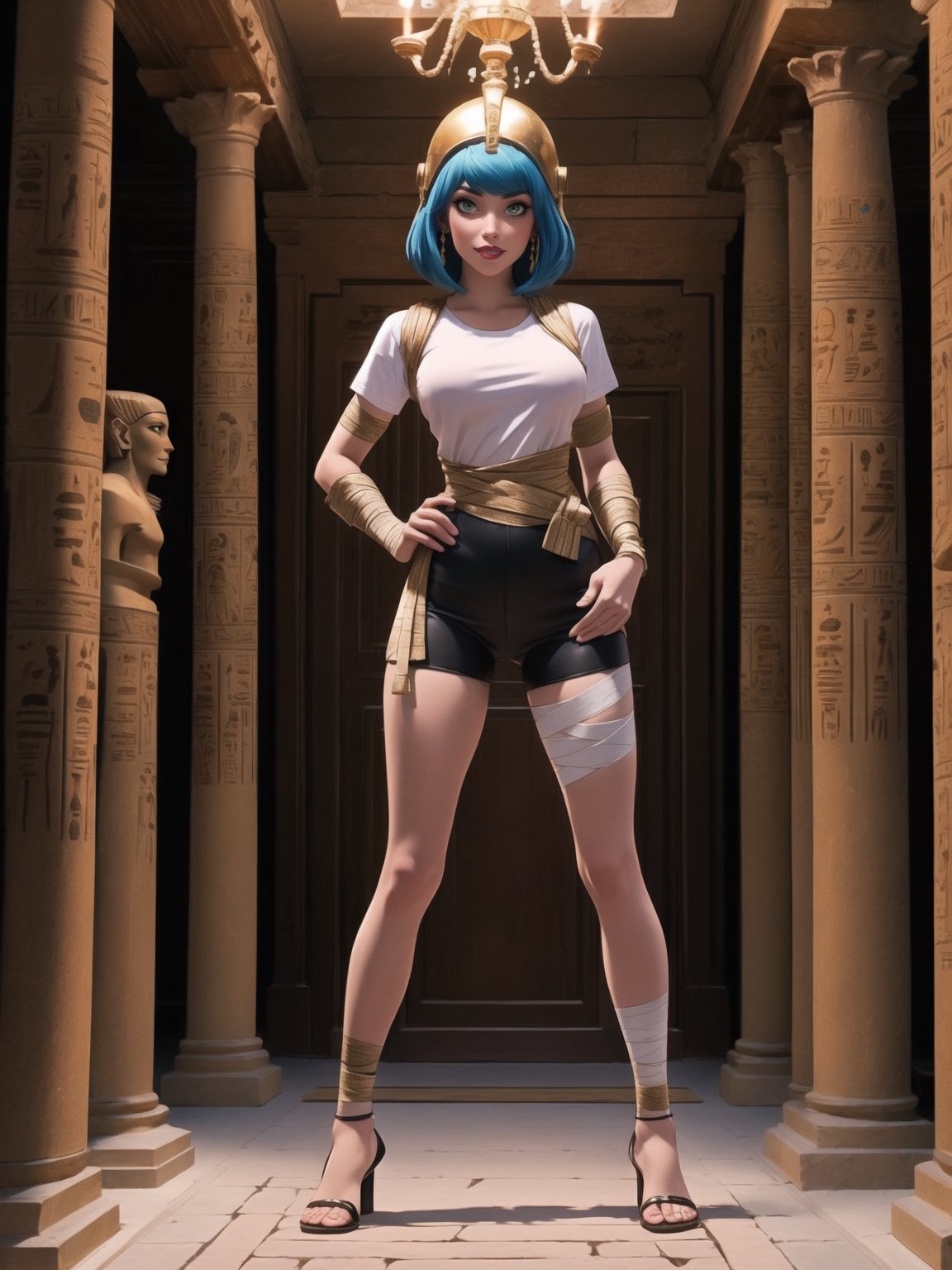 Solo+A woman, Egyptian costume with white t-shirt + gold armor, shorts + very short black skirt, brown leather sandals, ((body bandaged with bandages)), very tight suit and attached to the body. Gigantic breasts, wearing a helmet on her head, very short hair, blue hair, hair with 1+braids, hair with bangs in front of the eyes. Looking directly at the viewer, in an Egyptian tomb, very ancient, with many statuettes of ancient Gods, large stone altars, mummies, sarcophagi, torches stuck on the walls illuminating the place, mirrors, stone altars, (((sensual pose with interaction and leaning on anything + object+on something + leaning against))) + present in a very ancient Egyptian pyramid, ((Ancient Egypt,  16K, UHD, Unreal Engine 5, (full body:1.5), quality max, max resolution, ultra-realistic, maximum sharpness, More detail, perfect_legs, perfect_thighs, perfect_feet, perfect_hands, better_hands