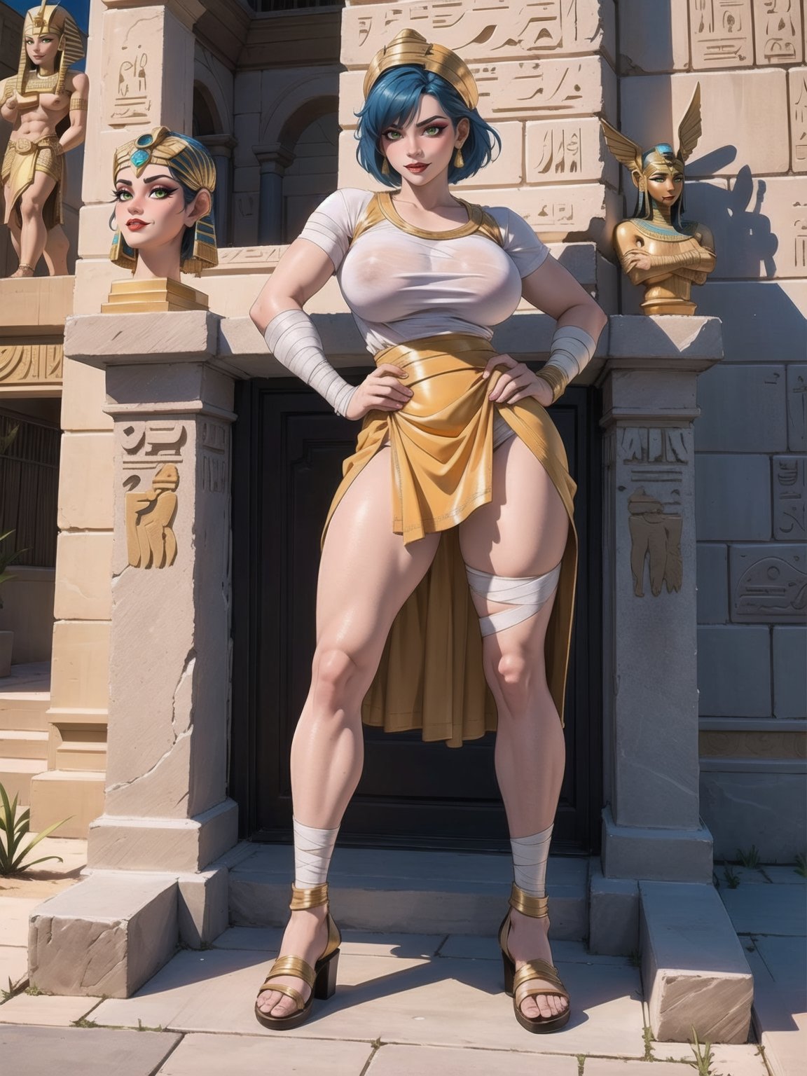 A woman, Egyptian costume with white t-shirt with gold armor, very short black skirt, brown leather sandals, ((body bandaged with bandages)), very tight suit and clinging to the body. Gigantic breasts, wearing a helmet on her head, very short hair, blue hair, hair with 1braid, hair with bangs in front of the eyes. Looking directly at the viewer, in a desert oasis, at night, with large stones, large pillars, figurines of ancient gods, ((sensual pose with interaction and leaning on anything + object+on something + leaning against)) + present in a desert oasis, 16K, UHD, Unreal Engine 5, (full body:1.5), quality max, max resolution, ultra-realistic, maximum sharpness, More detail,  perfect_legs, perfect_thighs, perfect_feet, perfect_hands, better_hands. (Ancient Egypt style)