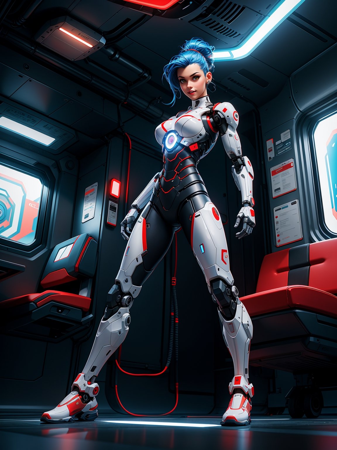 A woman, cybernetic suit + white wick suit with red couplings, suit with lights, very tight suit, ((robotic body parts)), gigantic breasts, blue hair, short hair, mohawk hair, ponytail hair, ((cybernetic helmet on the head)), looking at the viewer, ((pose with interaction and leaning on [something|an object])), on a train with many computers, radiation machines, structures, robots, ((full body):1.5), 16k, UHD, best possible quality, ultra detailed, best possible resolution, Unreal Engine 5, professional photography, hand and fingers well done, well-structured fingers and hands, well-detailed fingers, well-detailed hand, perfect_hands, perfect, ((cyberpunk))