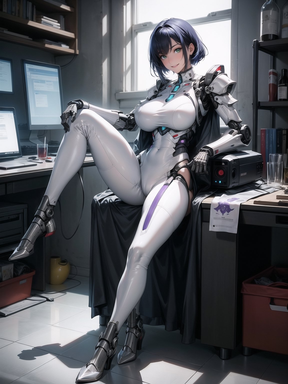 A woman, wearing mecha+armor mecha+robotic armor, white suit with purple parts, very tight and tight suit on the body, gigantic breasts, short hair, blue hair, c hair fastened with fastener, hair with bangs in front of the eyes, hair straight, (((looking at the viewer, sensual pose+Interacting+leaning on anything+object+leaning against))) in a laboratory of scientific experiments,  with many machines, glass reservoirs with alien bodies, many computers, equipment, ((full body)), 16K, UHD, unreal engine 5, quality max, max resolution, ultra-realistic, ultra-detailed, maximum sharpness, ((perfect_hands, perfect_legs)), Goodhands-beta2, ((gigantic breasts, Alien, robotic body, cybernetic armor))