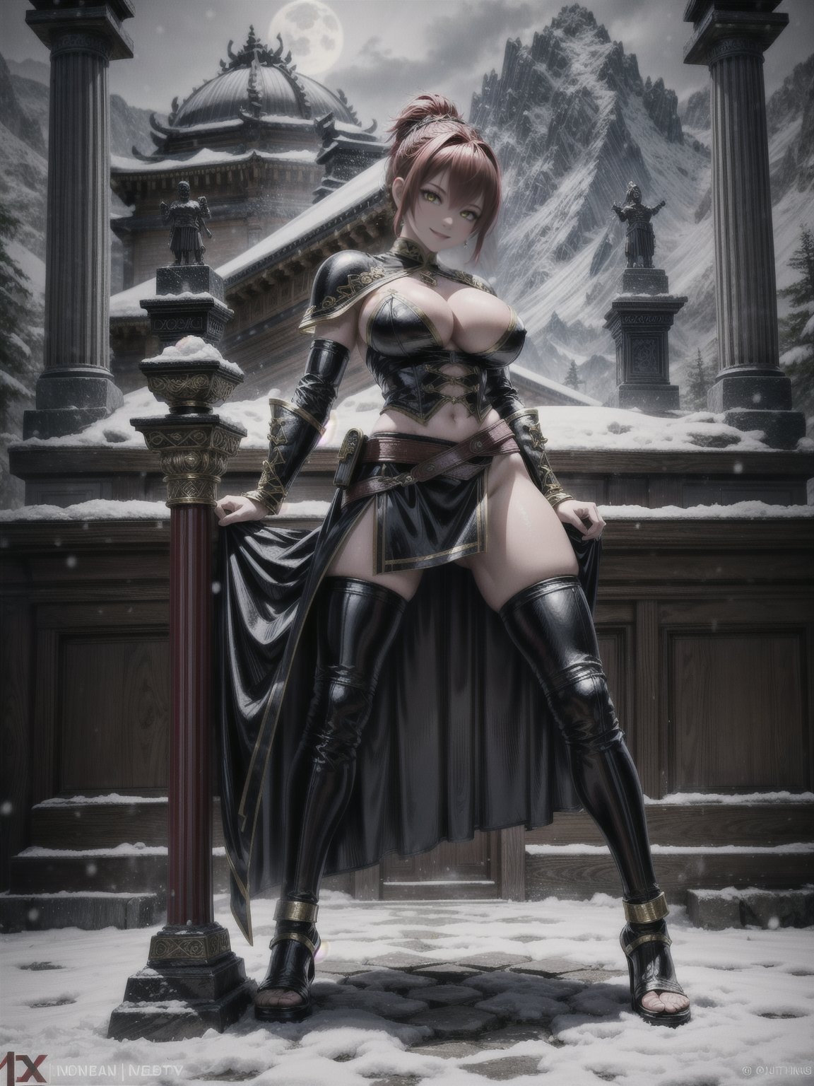 1woman, black armor with golden props, leather skirt with golden props, tight clothing on the body and erotic, absurdly giant breasts, red hair, mohawk hair, extremely short hair, hair with ponytail, hair with bangs in front of the eyes, helmet on the head, looking at the viewer, (((erotic pose interacting and leaning on something))), in an Arcadian temple with large figurines, sculptures, altars, pedestals, mountain background, snowing hard, at night, full moon top left, ((God of War)), ((full body):1.5), 16k, UHD, best possible quality, ((ultra detailed):1), best possible resolution, Unreal Engine 5, professional photography, perfect_hands