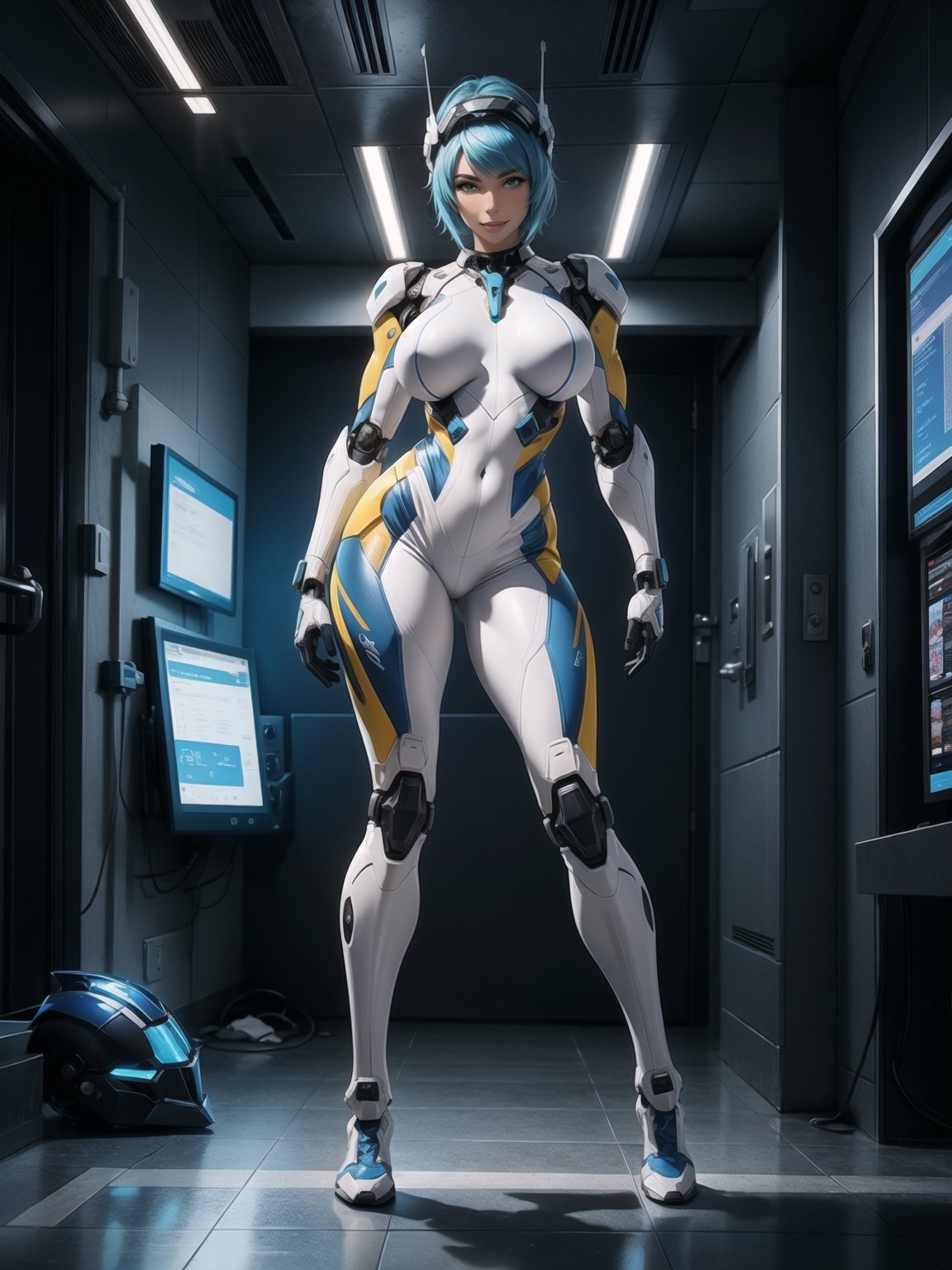 A woman, wearing mecha suit+robotic suit+cybernetizo suit, white+parts in blue+yellow lights, costume very tight on the body, ((gigantic breasts, helmet on the head)), blue hair, very short hair, hair with bangs in front of the eyes, is looking at the viewer, (((sensual pose with interaction+leaning on anything+place+object))) in an alien dungeon,  with futuristic machines, computers on the walls, control panels, slimes, aliens with cybernetic armor, ((full body):1.5), 16k, UHD, maximum quality, maximum resolution, ultra-realistic, ultra-detailed, (perfect_hands:1) , Furtastic_Detailer, Goodhands-beta2, 