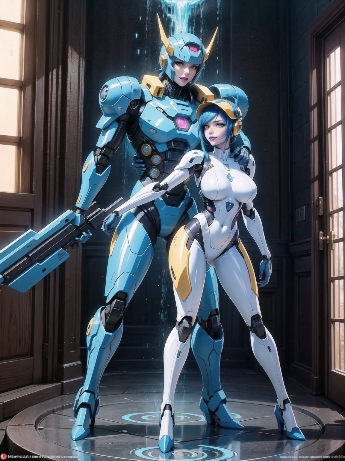 Solo female, ((wearing mecha suit+robotic suit completely white, with blue parts, more yellow lights, suit with attached weapons, gigantic breasts, wearing cybernetic helmet with visor)), mohawk hair, blue hair, messy hair, hair with ponytail, looking directly at the viewer, she is, in a dungeon, with a waterfall, large stone altars, stone structures, machines, robots, large altars of ancient gods, figurines, Super Metroid, ultra technological, Zelda, Final Fantasy,  world_of_warcraft, UHD, best possible quality, ultra detailed, best possible resolution, Unreal Engine 5, professional photography, she is (((Sensual pose with interaction and leaning on anything+object+on something+leaning against))), better_hands, ((full body)), More detail