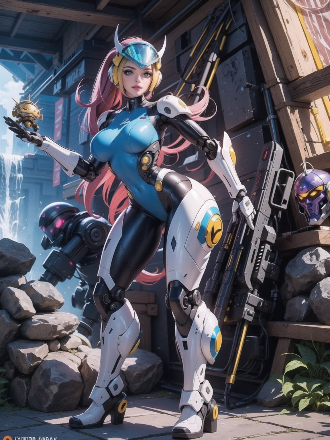 Solo female, ((wearing mecha suit+robotic suit completely white, with blue parts, more yellow lights, suit with attached weapons, gigantic breasts, wearing cybernetic helmet with visor)), mohawk hair, blue hair, messy hair, hair with ponytail, looking directly at the viewer, she is, in a dungeon, with a waterfall, large stone altars, stone structures, machines, robots, large altars of ancient gods, figurines, Super Metroid, ultra technological, Zelda, Final Fantasy, worldofwarcraft, UHD, best possible quality, ultra detailed, best possible resolution, Unreal Engine 5, professional photography, she is (((iInteracting and leaning on anything+object+on something+leaning against+sensual pose))), better_hands, ((full body)), More detail