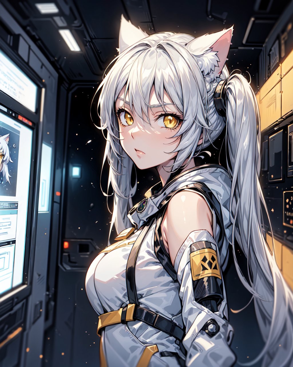 masterpiece, best quality, 1girl, spacecraft interior, spacesuit, upper body, from side, science fiction, yellow eyes, twintails, silver hair, cat ears, looking at viewer,
,Tex Mex Burrito Style,1 girl, strong outline line, (anime:1.5)