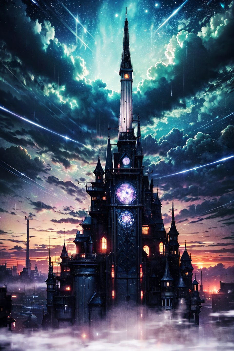 lanscape, amegakure buildings, towers, dawn, cables, heavy rain, purple sky cloud, pipes, electricity, fog, cloudy sky, anime style, ghibli style, ray of lights, ,fantasy_world