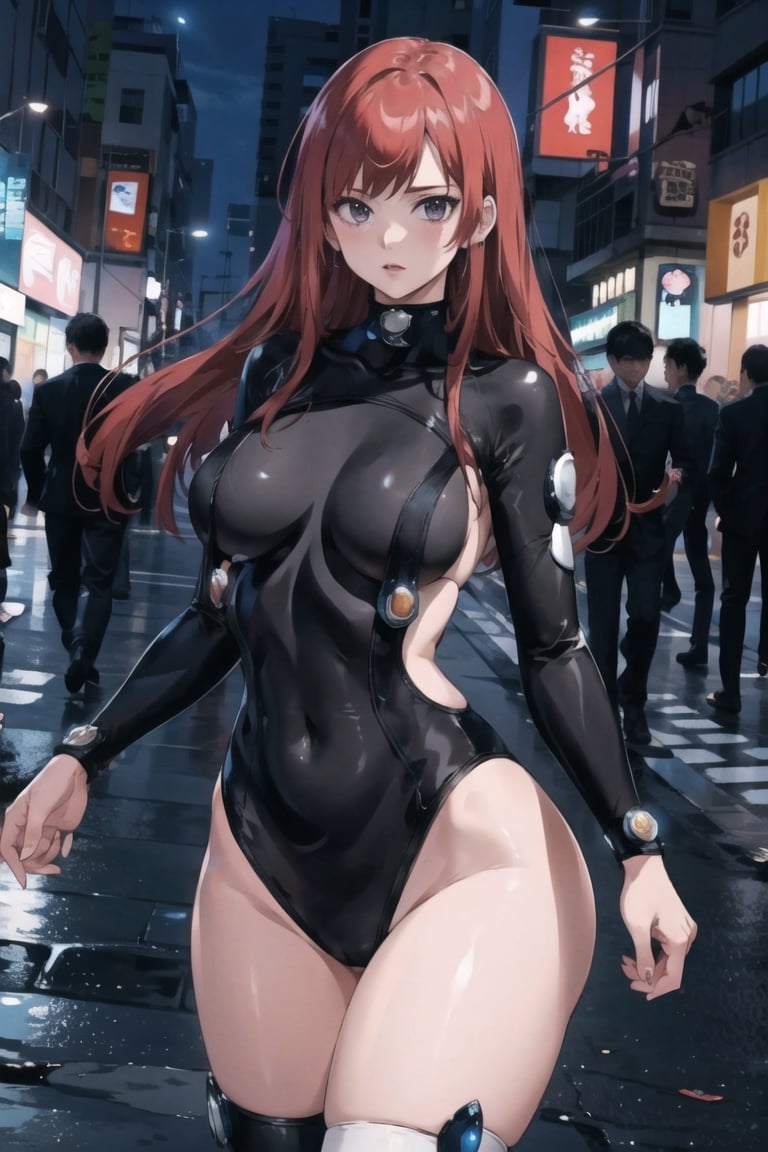 (masterpiece, best quality), ultra resolution image, (1girl), city landscape,(solo),red hair,gantz suit,erza scarlet, mature female, huge breast,full high definition, full hd,pink medium hair, full pink transparent dress, see-through, tokyo landscape, full body, dynamic pose, looking at the vewer, dynamic angle, thighhighs, wide hips,anime,High detailed ,better_hands, ((portrait)) ,erza scarlet,fairy tail