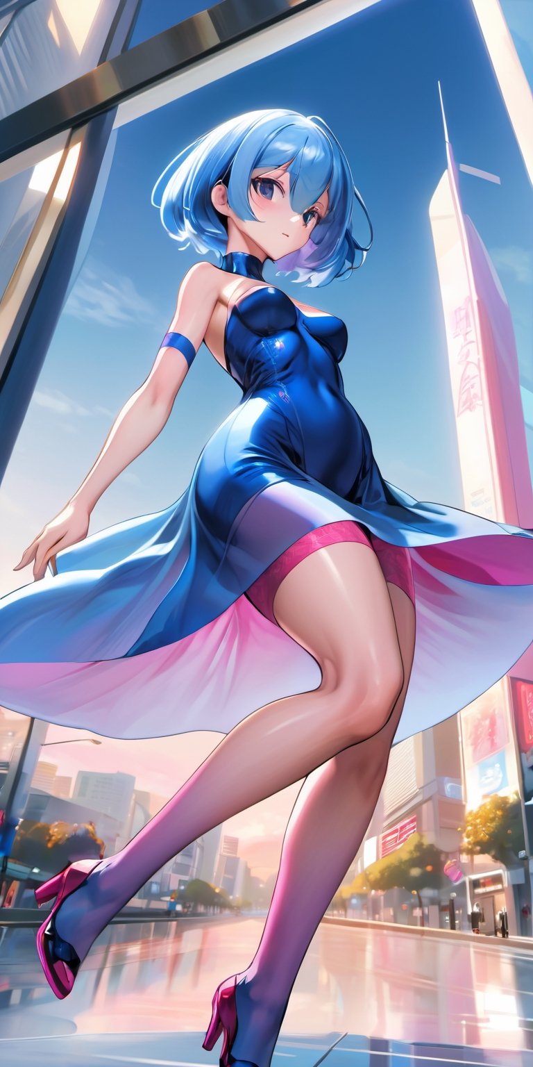 {{{masterpiece}}},1girl, mature female, medium breast,full high definition, full hd,blue medium hair, full pink transparent dress, see-through, tokyo landscape, full body, dynamic pose, looking at the vewer, dynamic angle, thighhighs, wide hips,anime