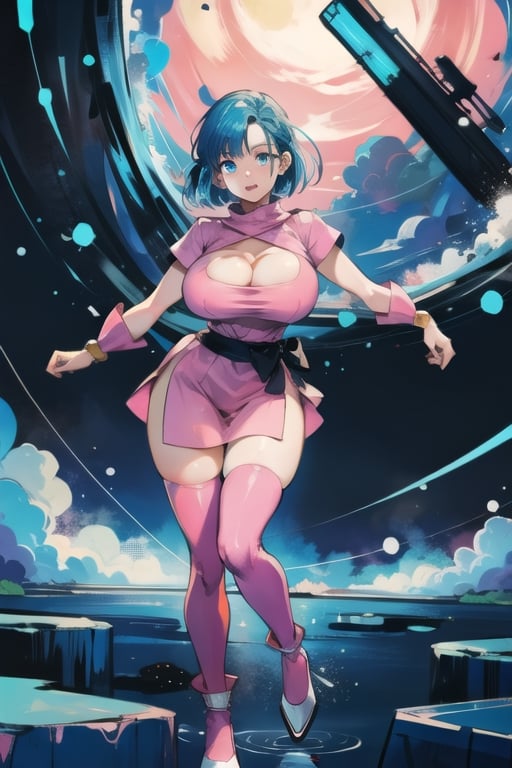 (masterpiece, best quality), ultra resolution image, (1girl), (solo),blue hair, bulma brief, mature female, huge breast,full high definition, full hd,pink medium hair, full pink transparent dress, see-through, tokyo landscape, full body, dynamic pose, looking at the vewer, dynamic angle, thighhighs, wide hips,anime,High detailed ,better_hands, ((portrait)) ,bulma