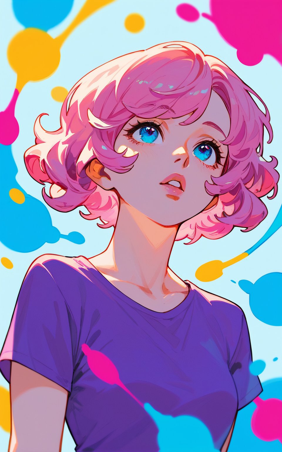 score_9,score_8_up,score_7_up, 1girl, short hair, blue eyes, pink hair, shirt, upper body, parted lips, lips, looking up, curly hair, purple shirt, colorful, paint splatter