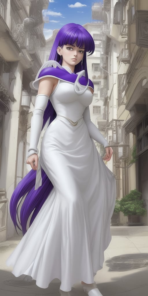 Bulma - (Dragon Ball), ova, fundo, cabelo roxo, lábios, colar, (vestido sem mangas, vestido branco) parte superior do corpo, sério, cajado, joias Atena (Saint Seiya) Saori kido_saori, purple_hair, , white_dress, (fundo simples, fundo branco),mdjrny-pprct