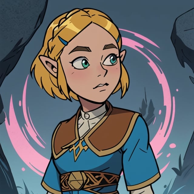 Anime artwork of princess Zelda  stunning beautiful artwork, Breath of the Wild, 8k,blonde, 
,toon,zeldaBotW,cartoon, nose, 
masterpiece, best_quality, 1girl, solo, princess zelda, nintendo, the legend of zelda, botw, totk, short hair, capelet, 
